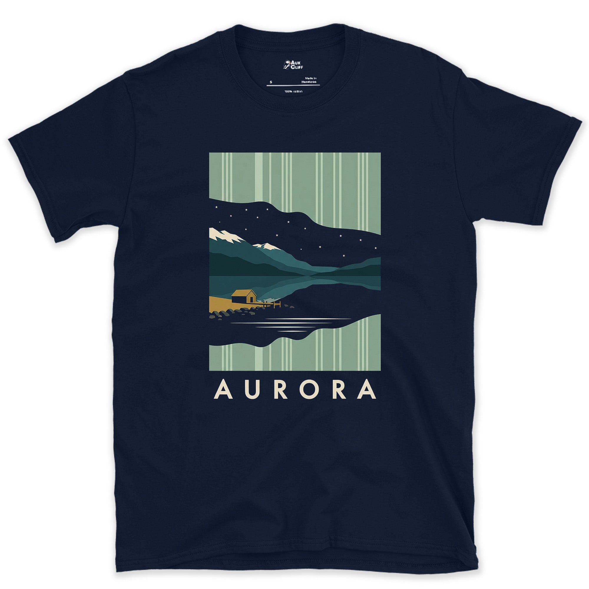 Aurora, Doubled in the Mountain Lake Below design on a Navy Gildan Softstyle t-shirt