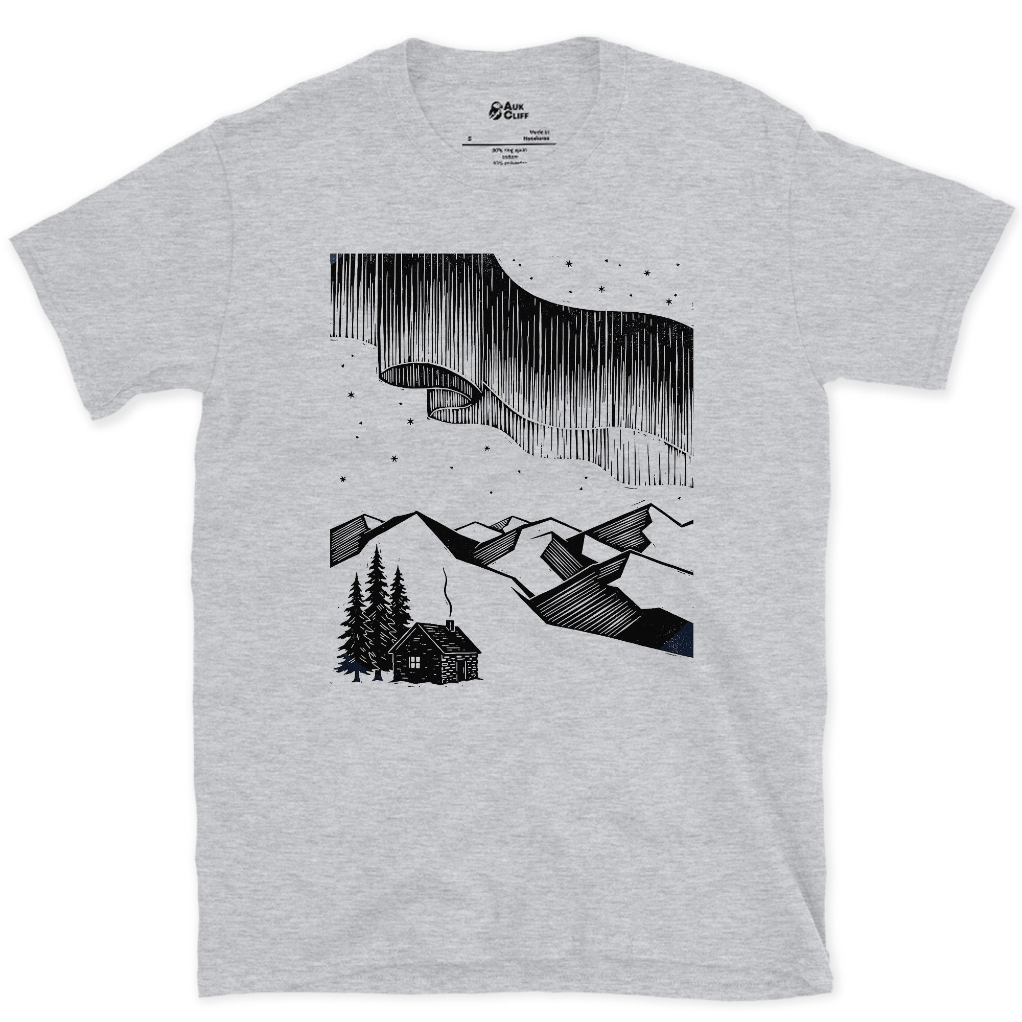 Stars Stacked Above a Small Cabin, Light design on a Sport Grey Gildan Softstyle t-shirt