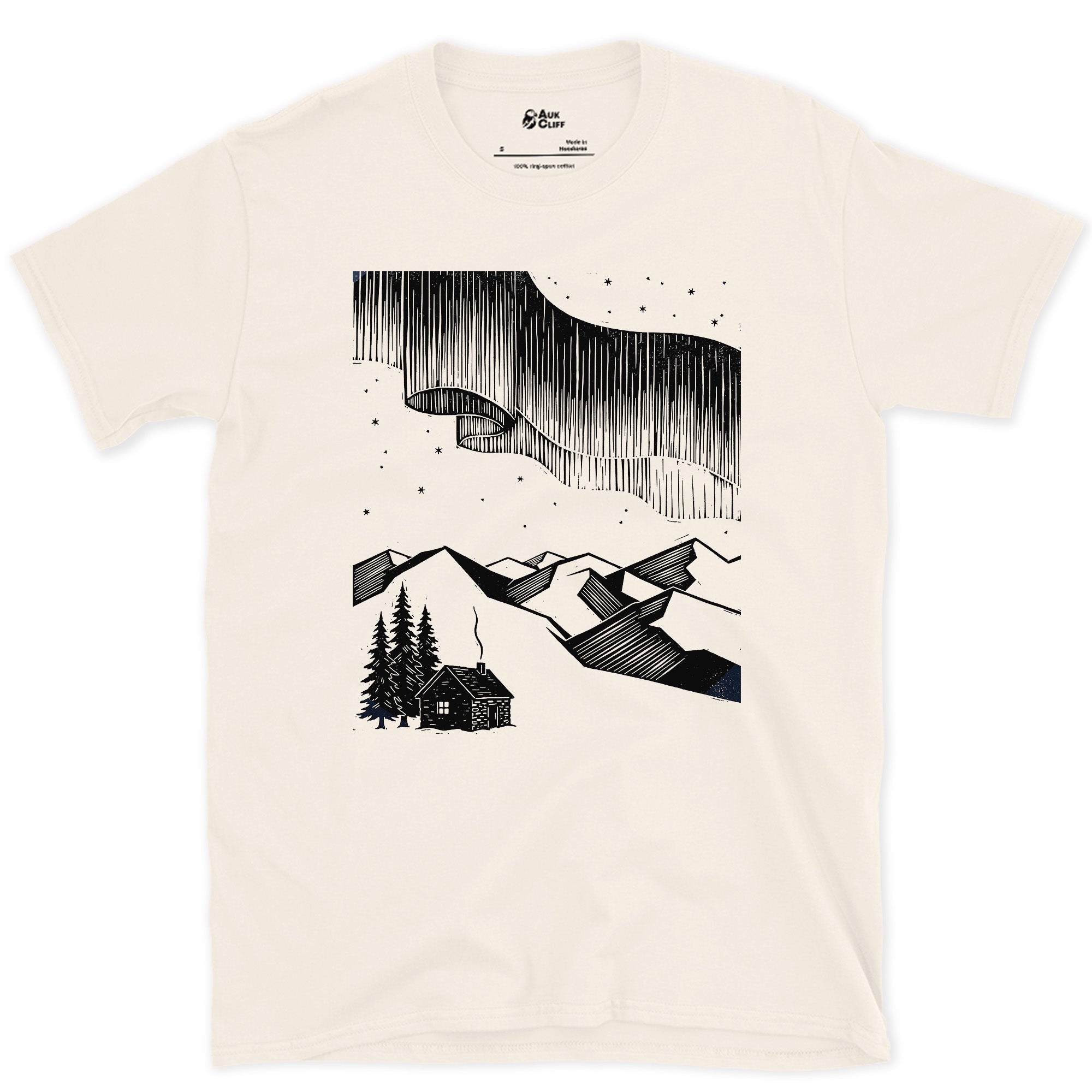 Stars Stacked Above a Small Cabin, Light design on a Natural Gildan Softstyle t-shirt