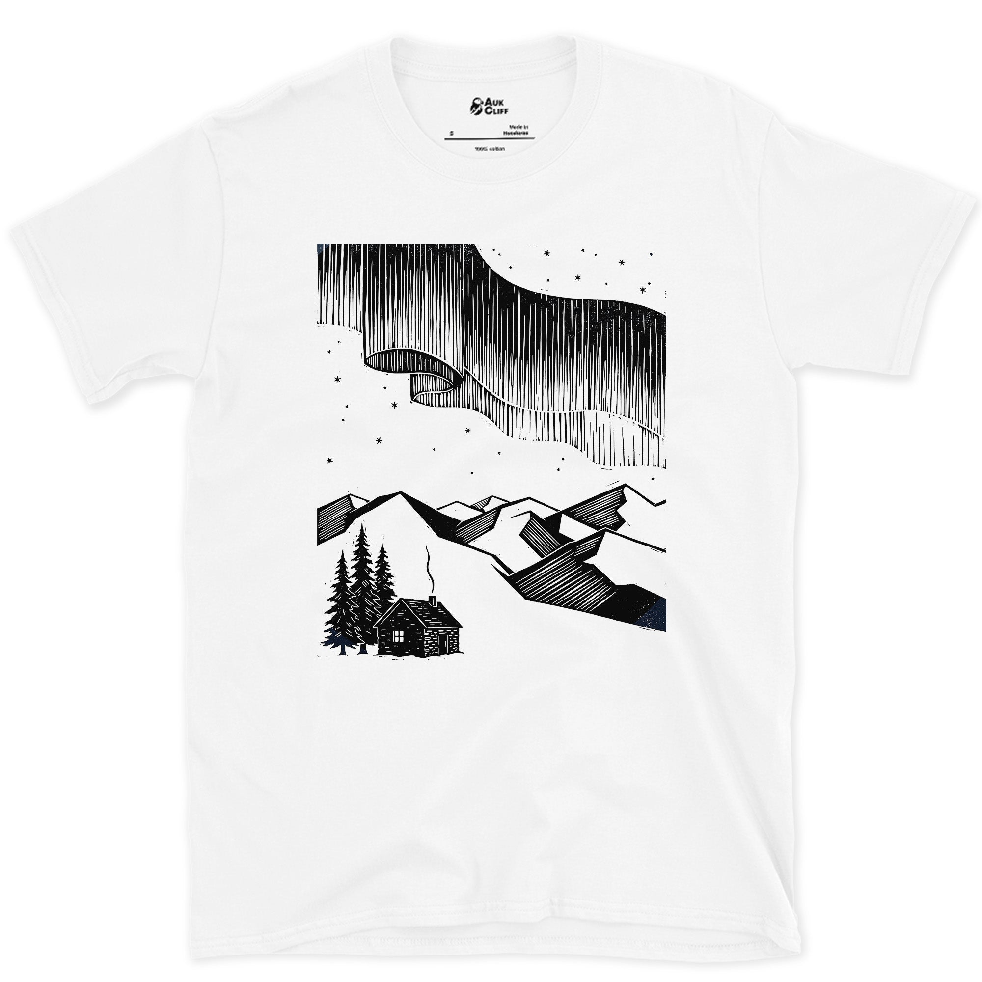 Stars Stacked Above a Small Cabin, Light design on a White Gildan Softstyle t-shirt