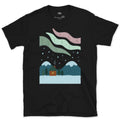 Smoke Rising Toward the Mountain Aurora design on a Black Gildan Softstyle t-shirt