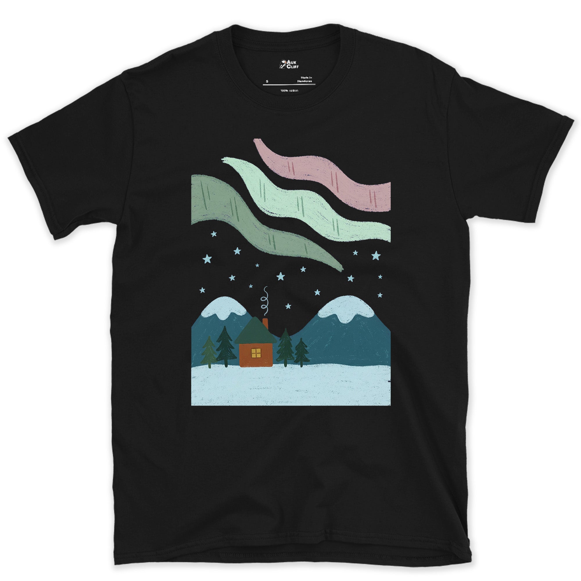 Smoke Rising Toward the Mountain Aurora design on a Black Gildan Softstyle t-shirt