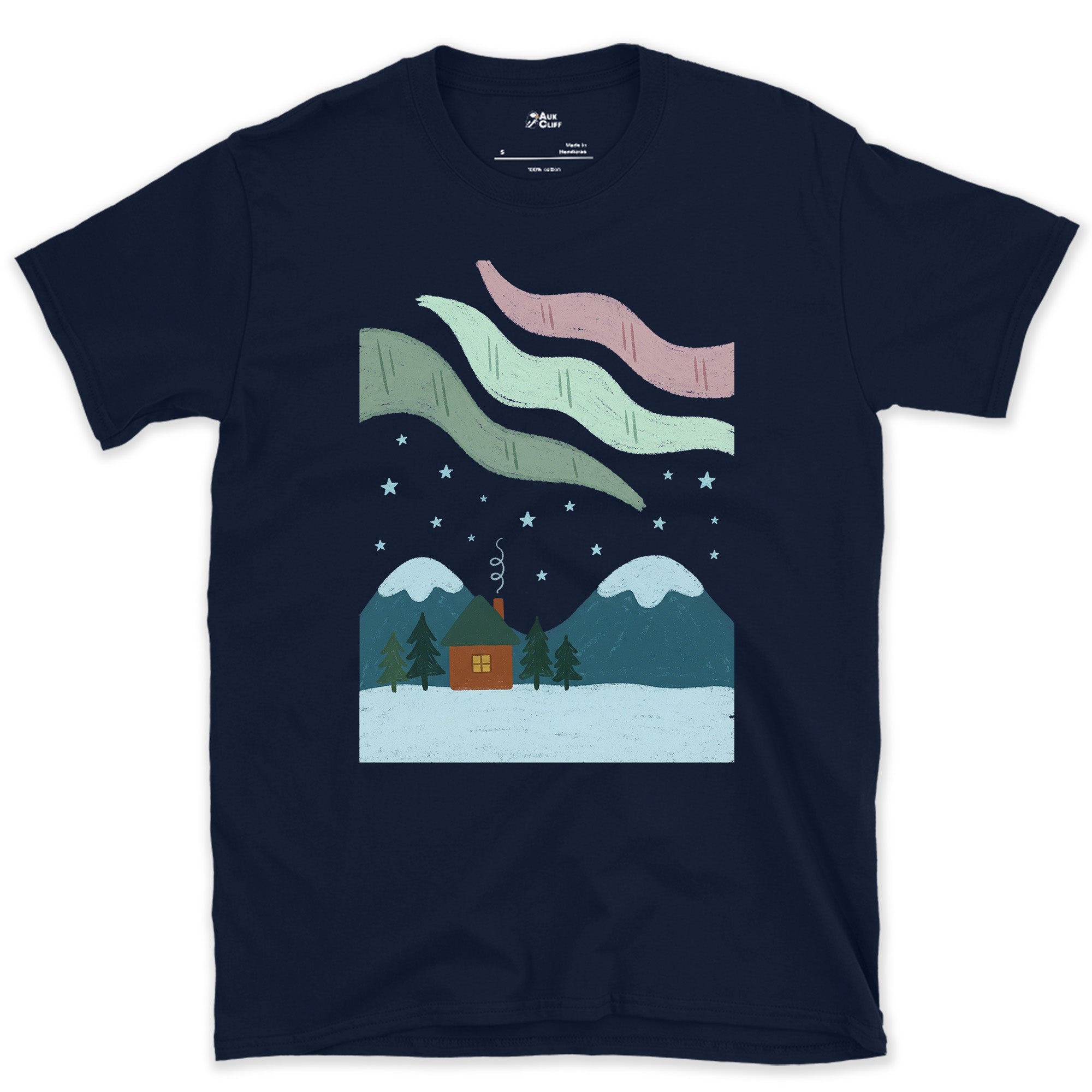 Smoke Rising Toward the Mountain Aurora design on a Navy Gildan Softstyle t-shirt