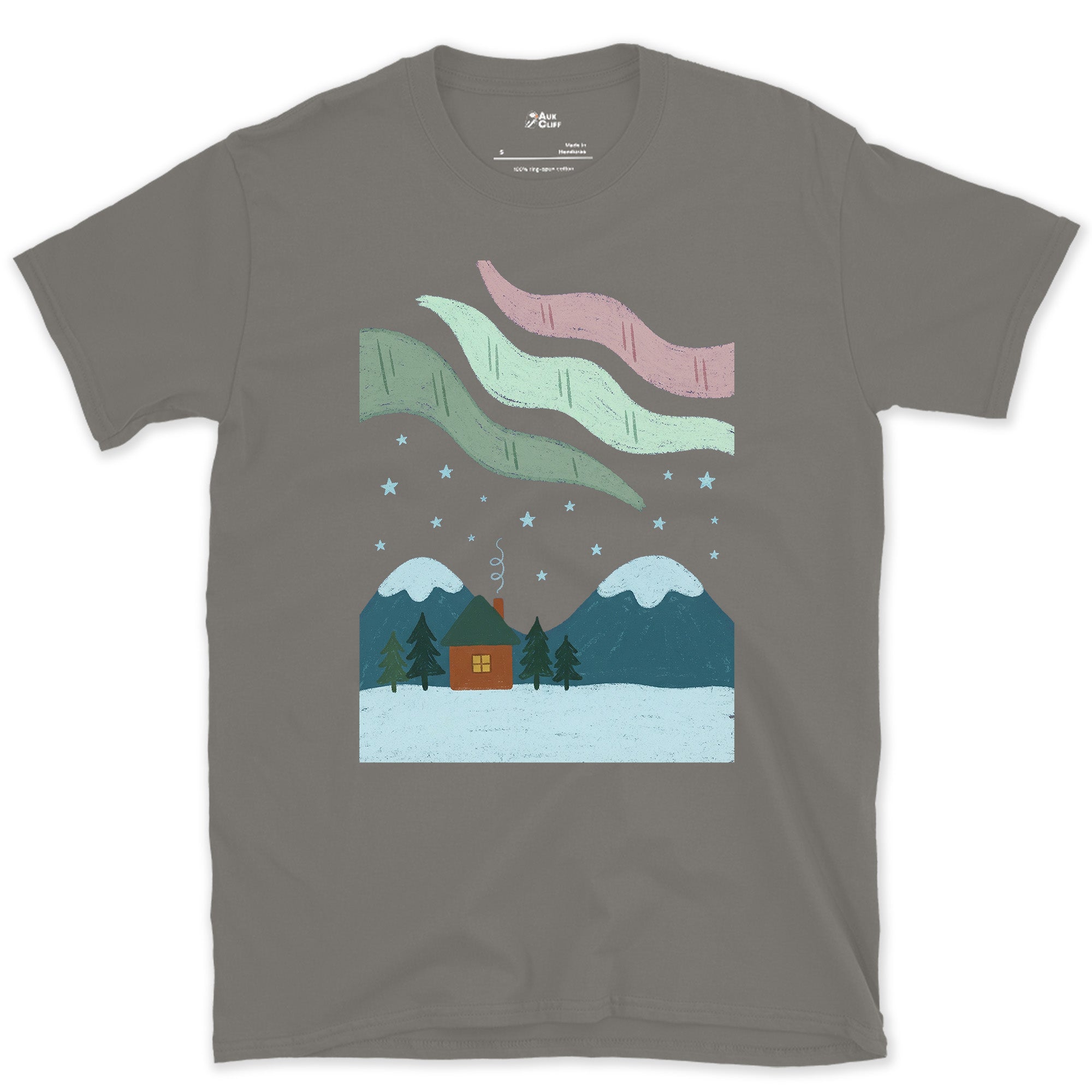 Smoke Rising Toward the Mountain Aurora design on a Charcoal Gildan Softstyle t-shirt