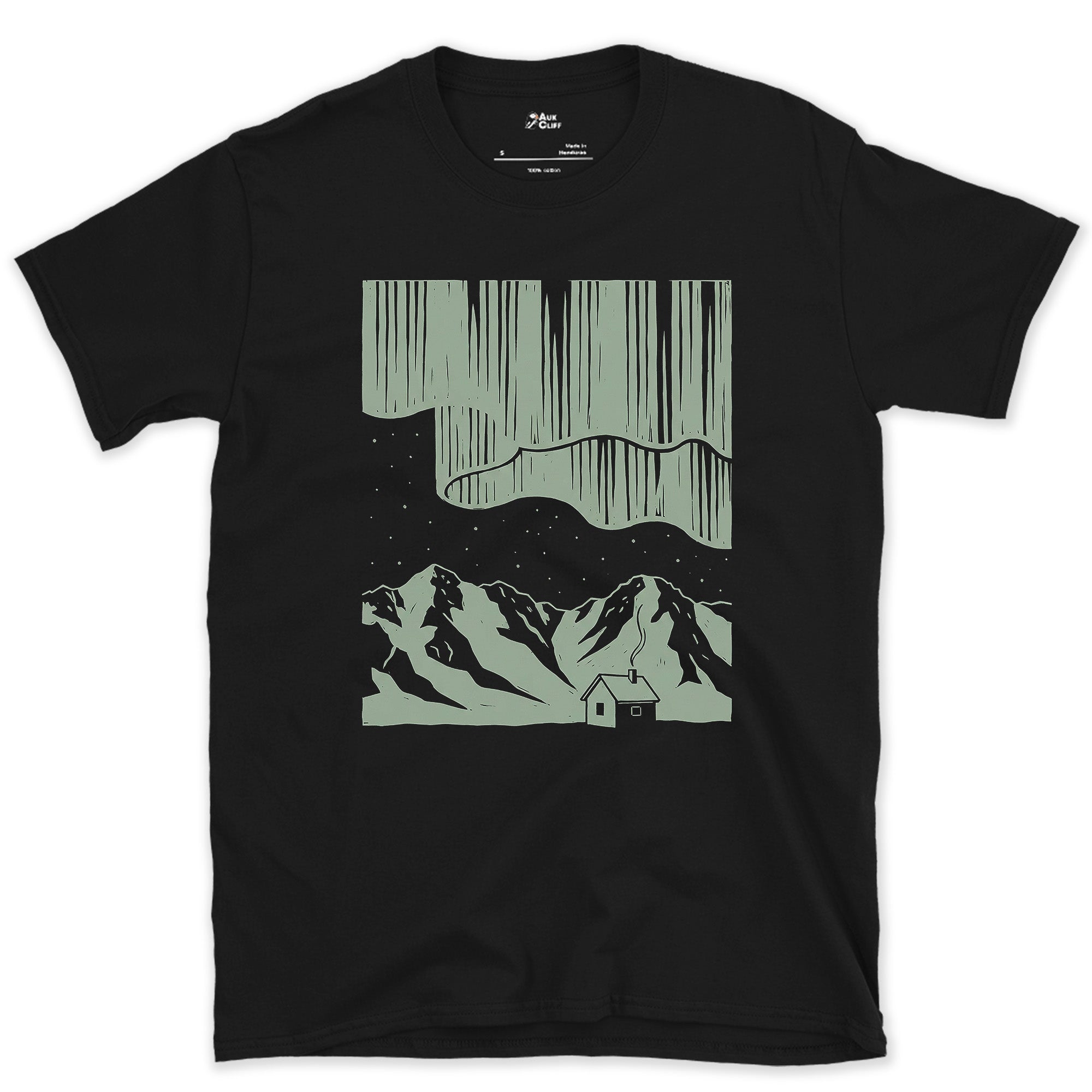 Stars Stacked Above a Small Cabin, Dark design on a Black Gildan Softstyle t-shirt
