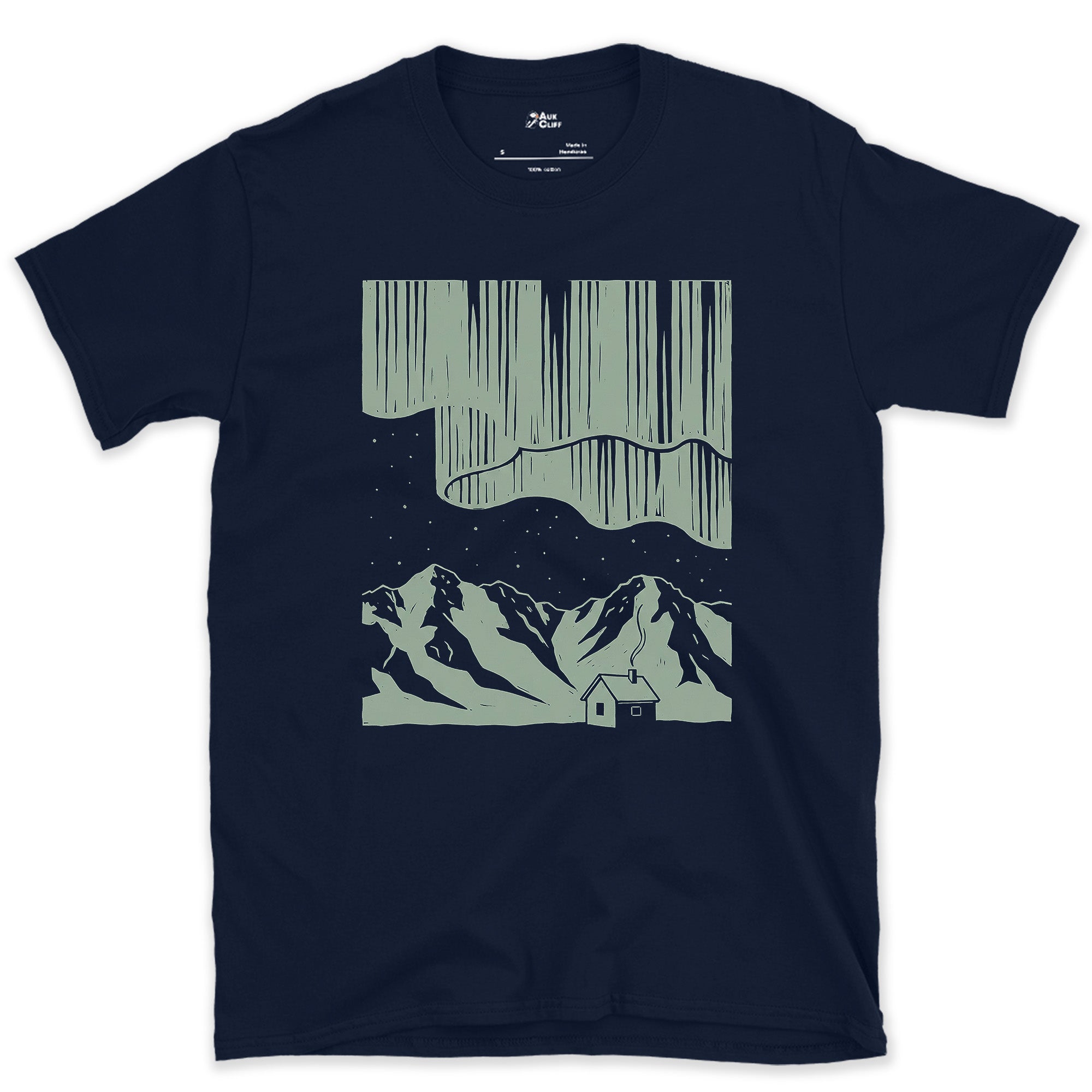 Stars Stacked Above a Small Cabin, Dark design on a Navy Gildan Softstyle t-shirt