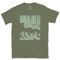 Stars Stacked Above a Small Cabin, Dark design on a Military Green Gildan Softstyle t-shirt