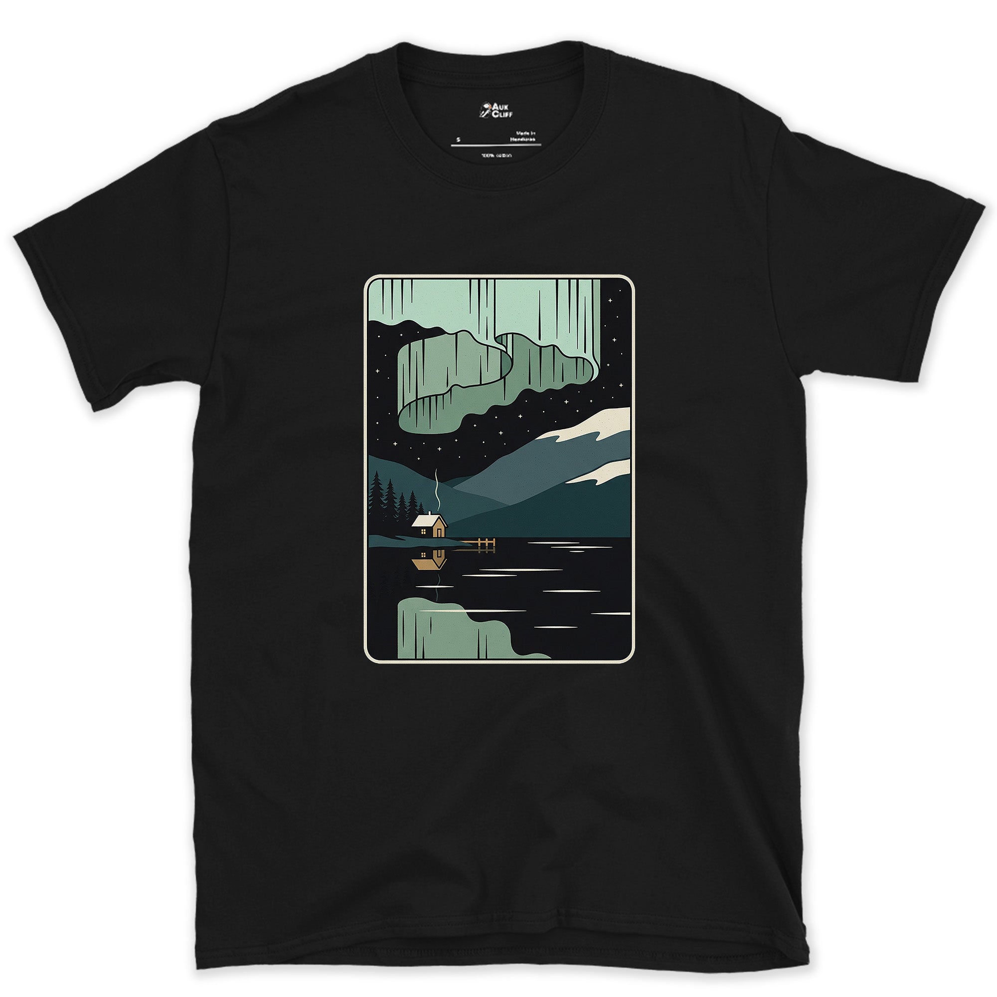 Worth the Cold, Aurora Over the Lake design on a Black Gildan Softstyle t-shirt