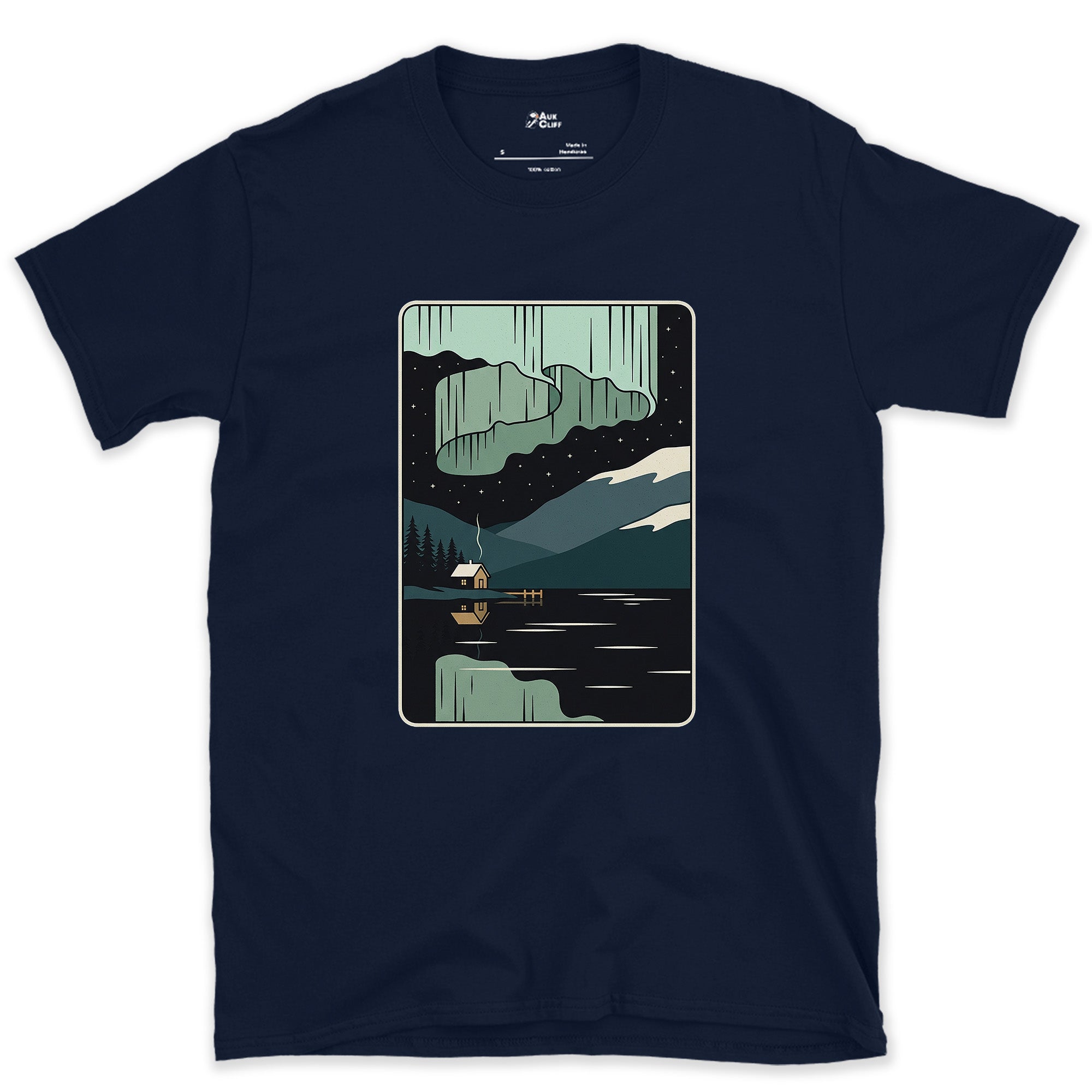 Worth the Cold, Aurora Over the Lake design on a Navy Gildan Softstyle t-shirt
