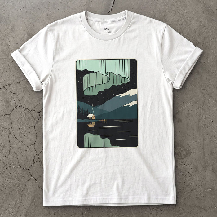 Worth the Cold, Aurora Over the Lake design on a White Gildan Softstyle t-shirt
