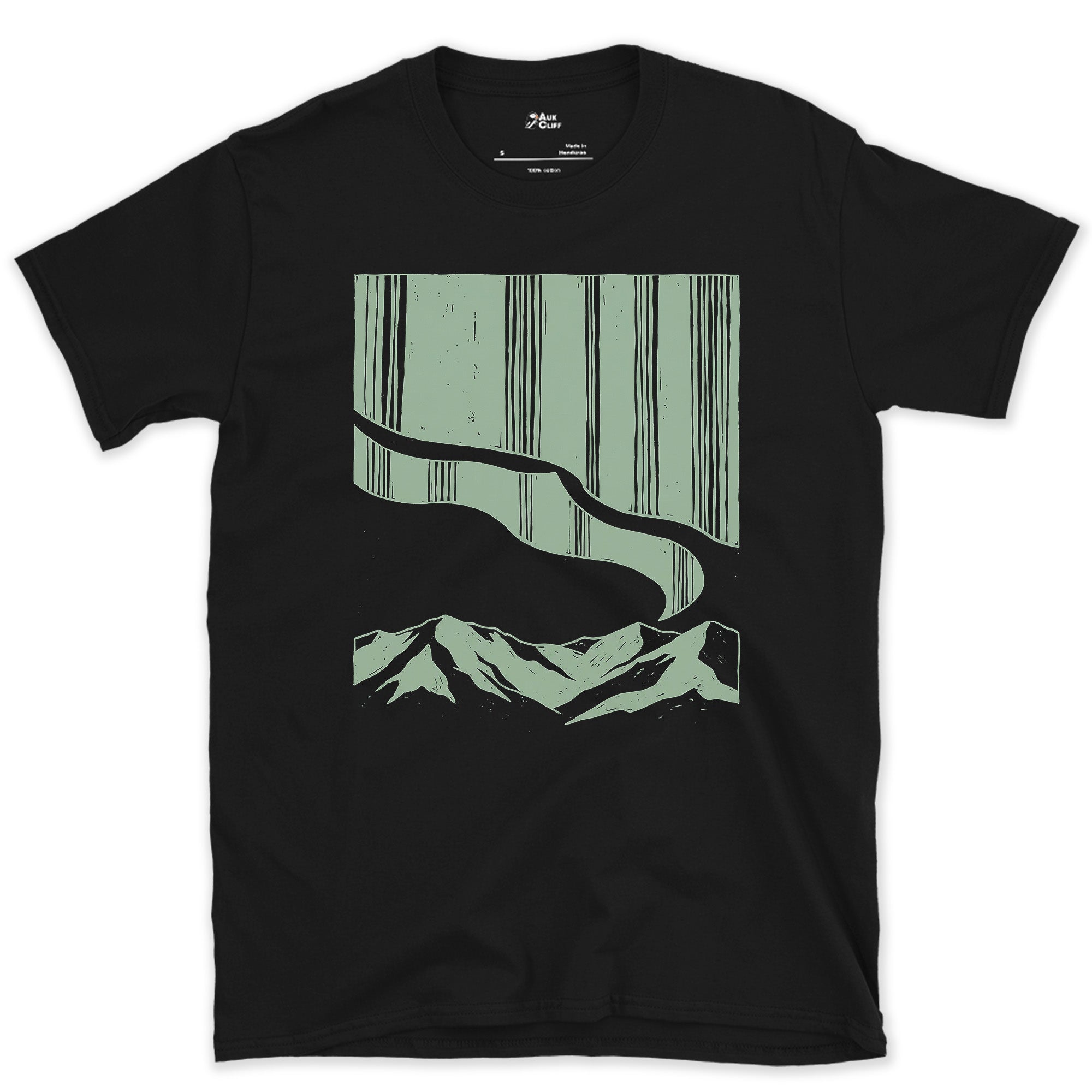 The River Runs Beneath the Mountain's Northern Sky design on a Black Gildan Softstyle t-shirt