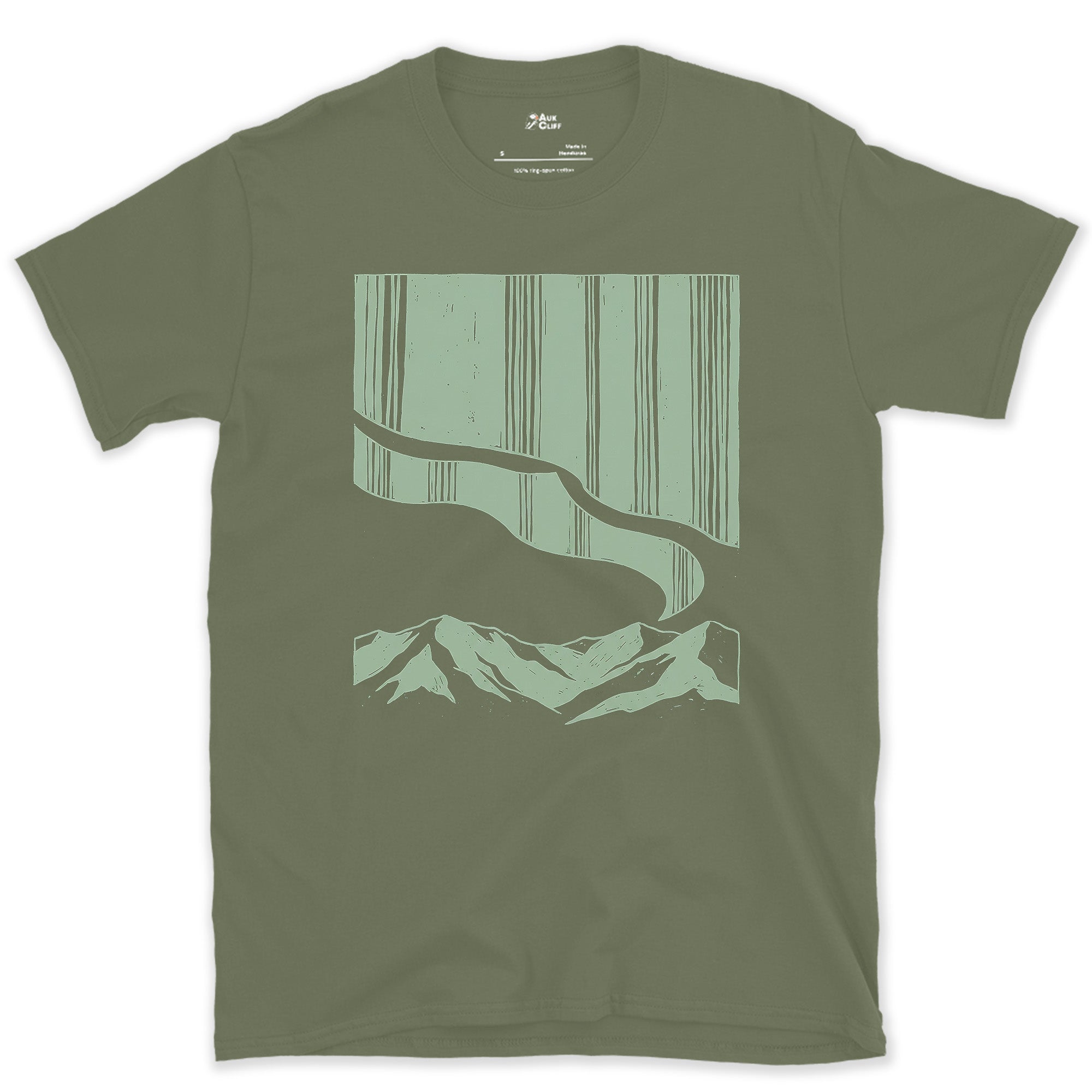 The River Runs Beneath the Mountain's Northern Sky design on a Military Green Gildan Softstyle t-shirt