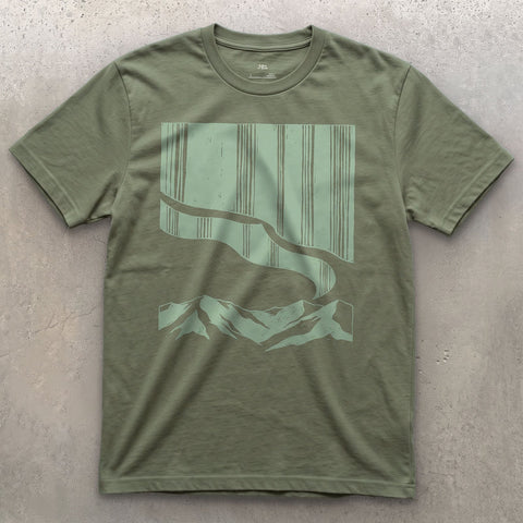 The River Runs Beneath the Mountain's Northern Sky design on a Military Green Gildan Softstyle t-shirt