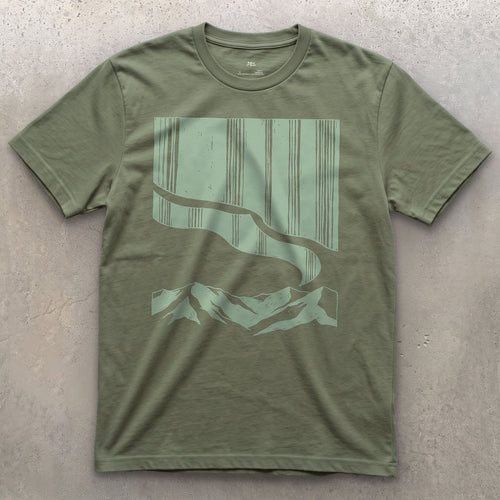 The River Runs Beneath the Mountain's Northern Sky design on a Military Green Gildan Softstyle t-shirt