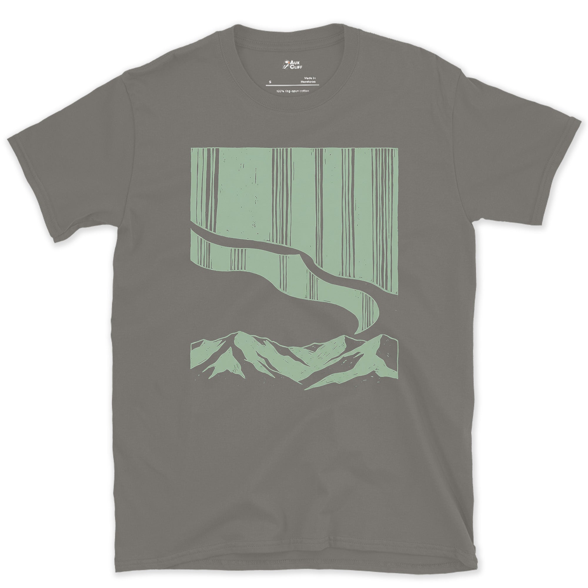 The River Runs Beneath the Mountain's Northern Sky design on a Charcoal Gildan Softstyle t-shirt