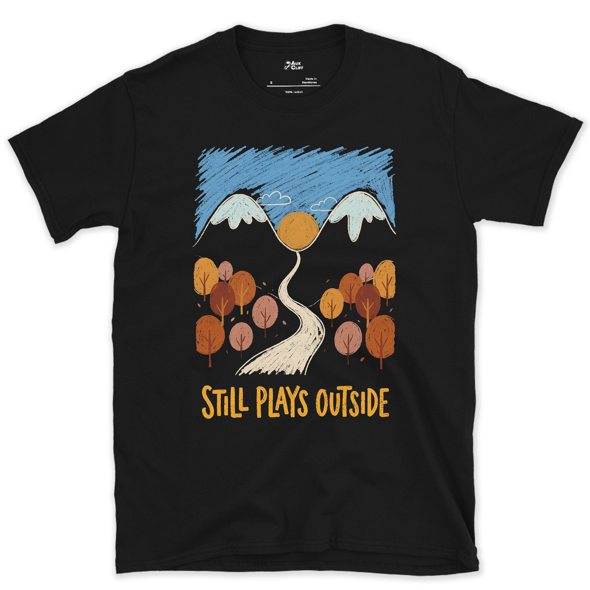 Autumn Colour, Path to the Mountains design on a Black Gildan Softstyle t-shirt