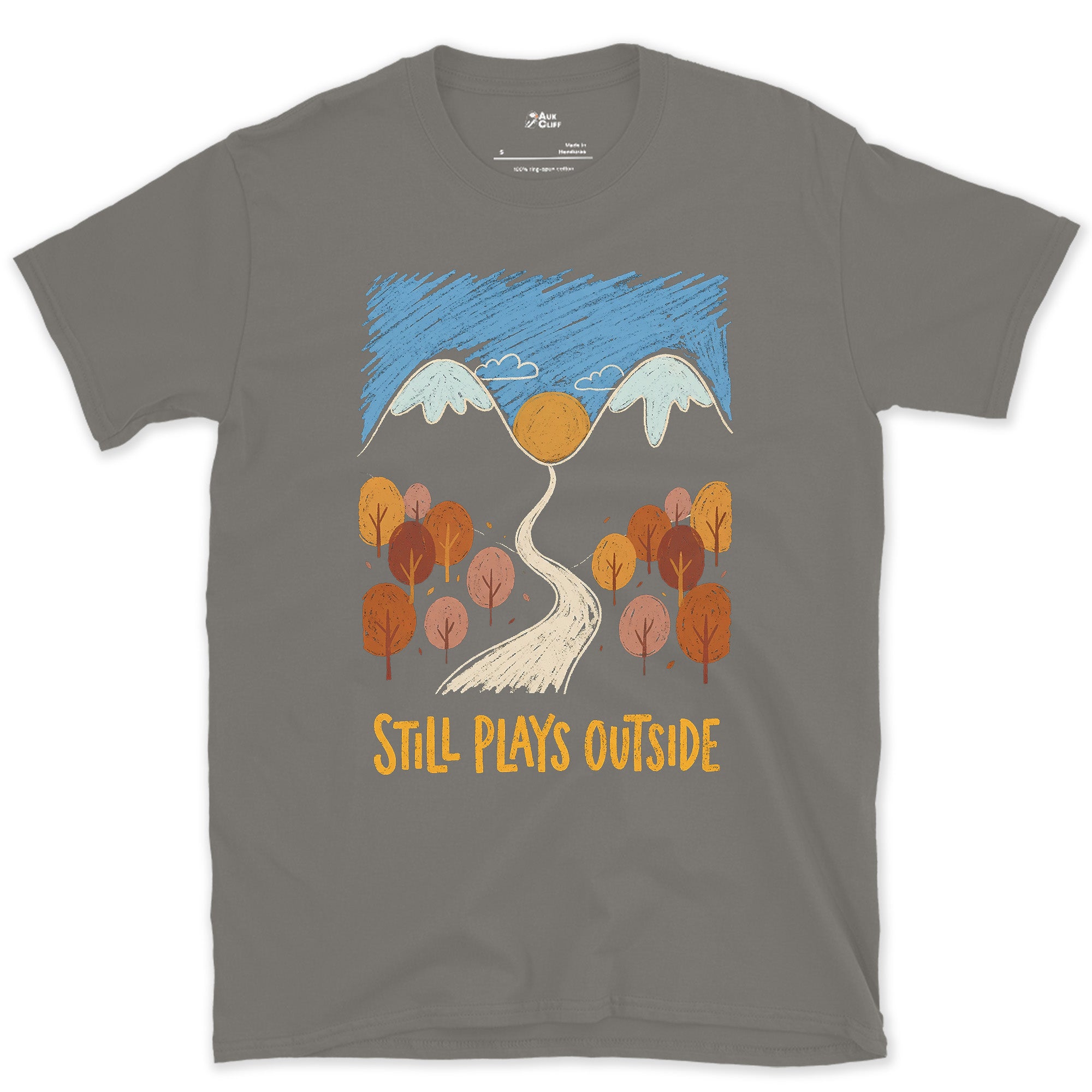 Autumn Colour, Path to the Mountains design on a Charcoal Gildan Softstyle t-shirt