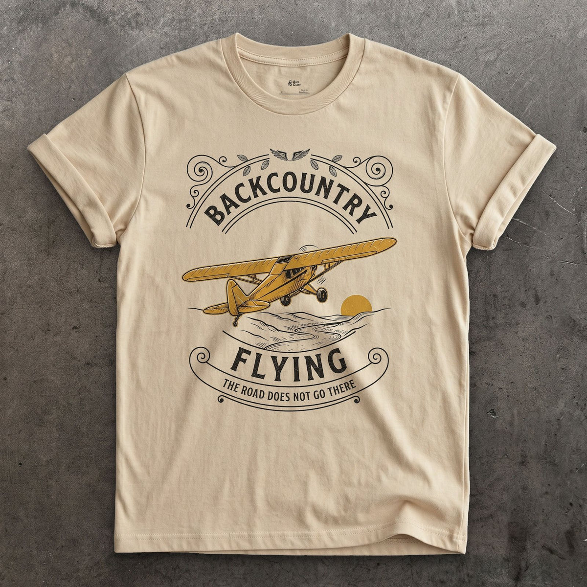 Backcountry Flying, No Road design on a Sand Gildan Softstyle t-shirt