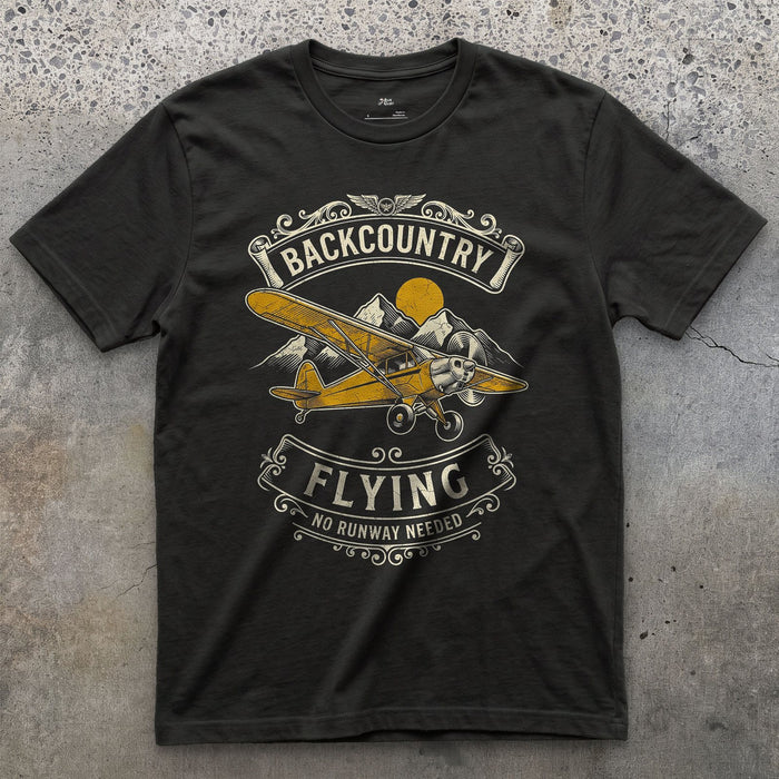 Backcountry Flying, No Runway design on a Black Gildan Softstyle t-shirt
