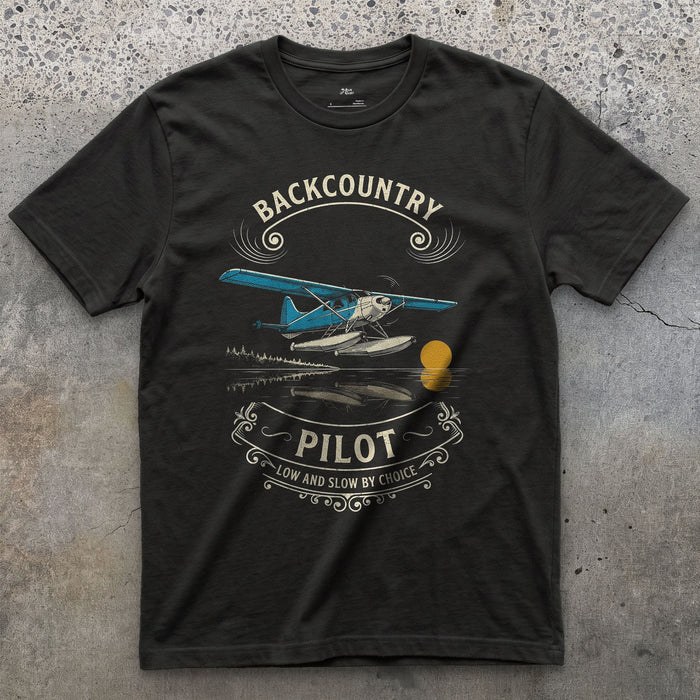 Backcountry Pilot, Low and Slow design on a Black Gildan Softstyle t-shirt