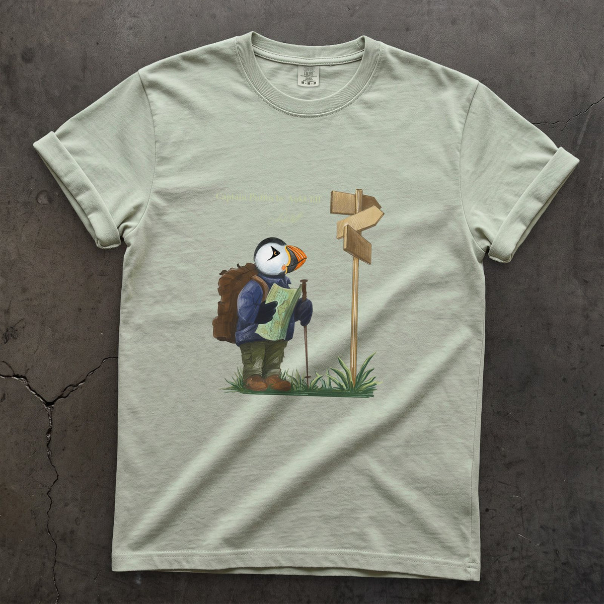 Captain Puffin Hiker on a Bay Comfort Colors t-shirt