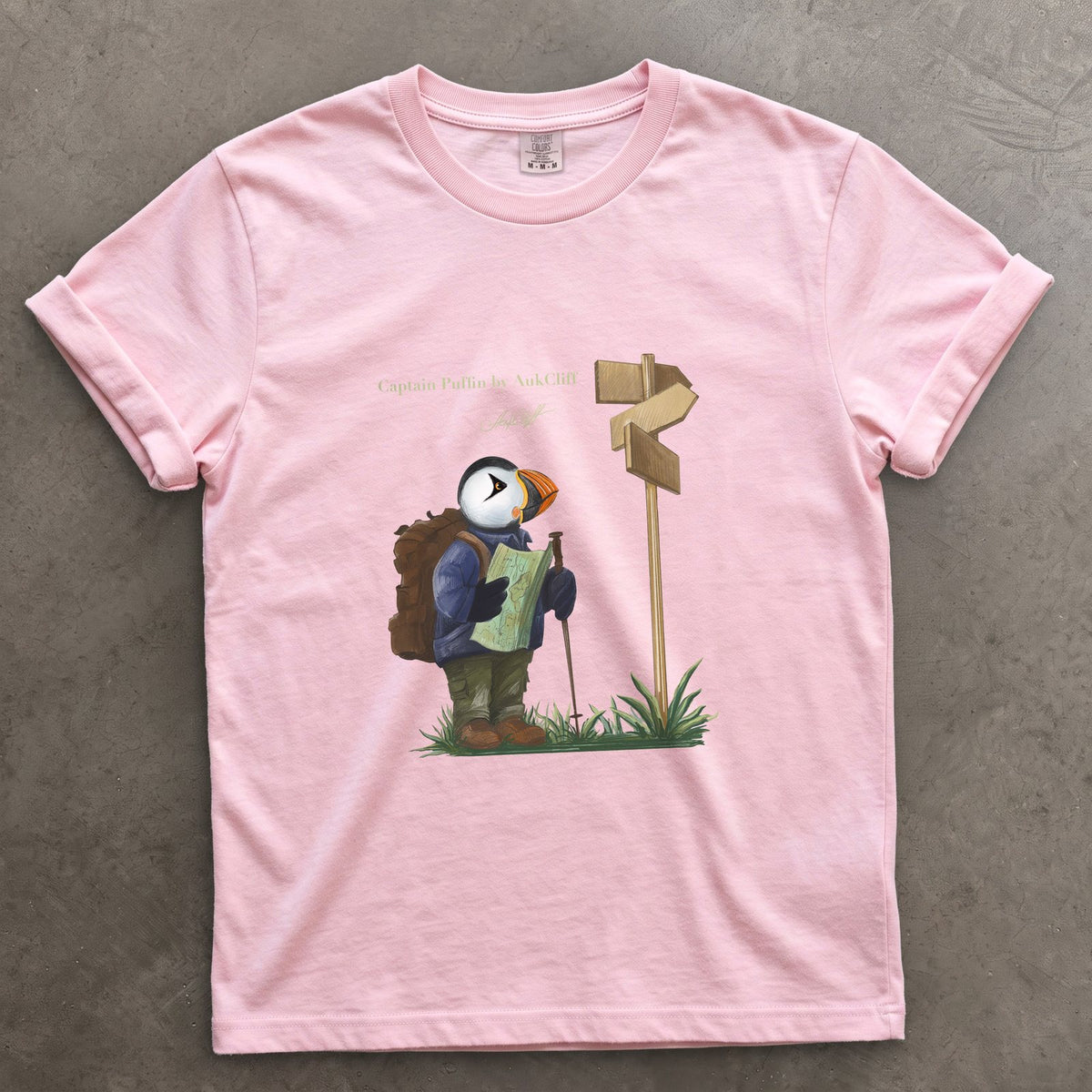 Captain Puffin Hiker on a Blossom Comfort Colors t-shirt