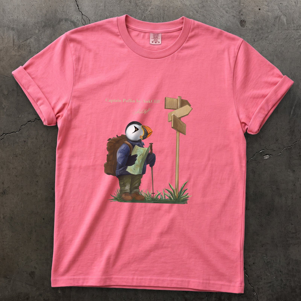 Captain Puffin Hiker on a Crunchberry Comfort Colors t-shirt