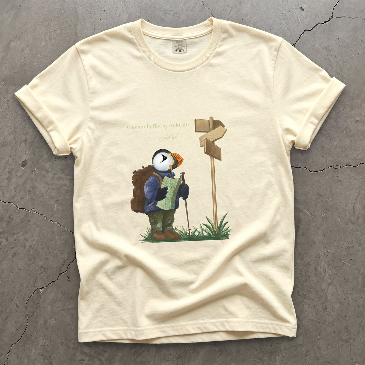 Captain Puffin Hiker on a Ivory Comfort Colors t-shirt