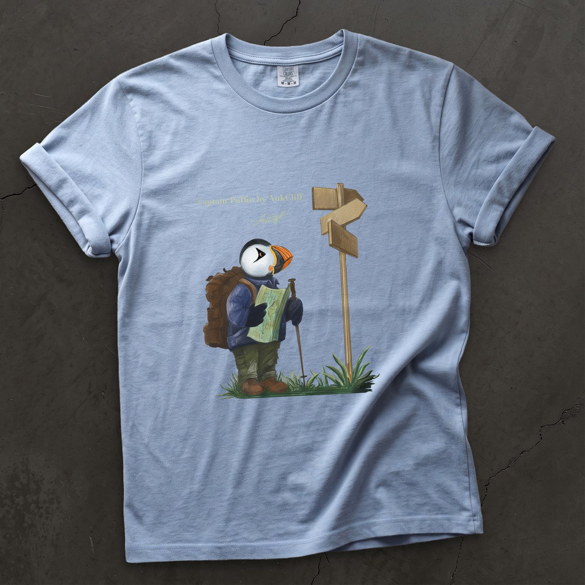 Captain Puffin Hiker on a Washed Denim Comfort Colors t-shirt