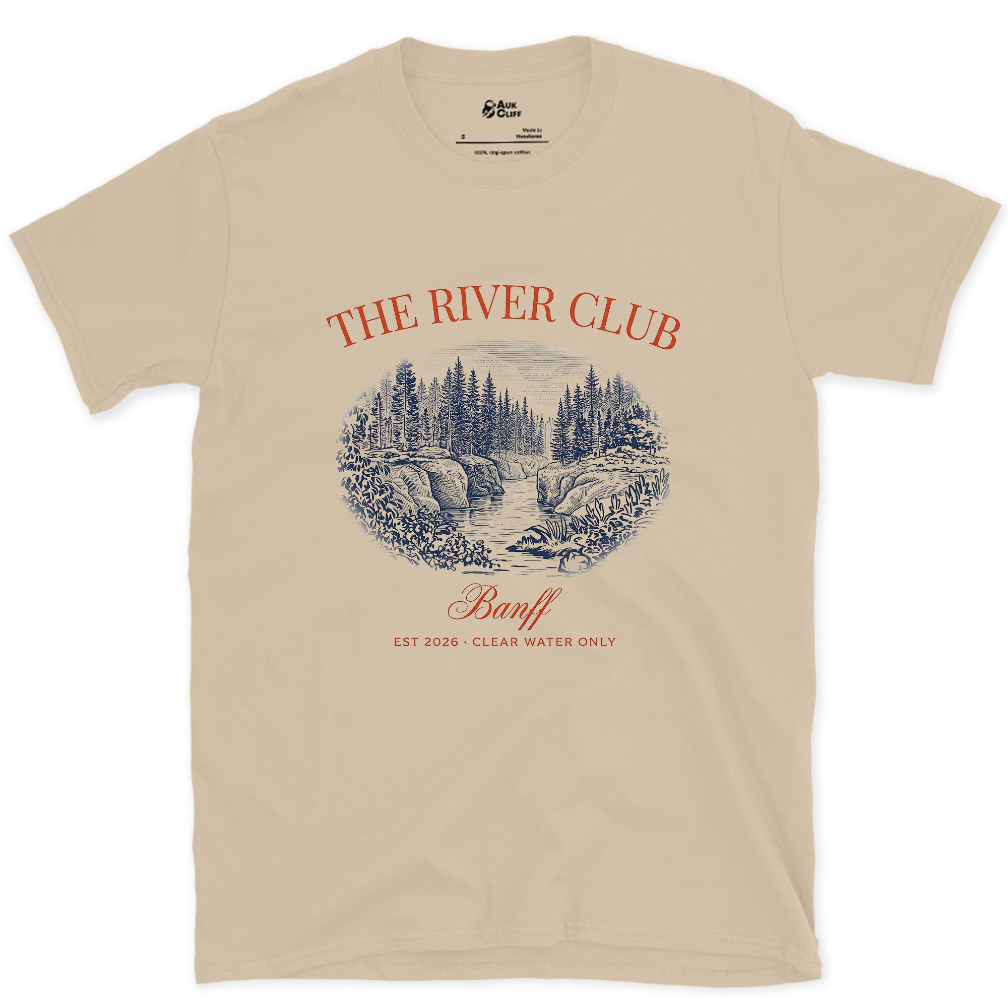 The River Club, Over a Waterfall design on a Sand Gildan Softstyle t-shirt