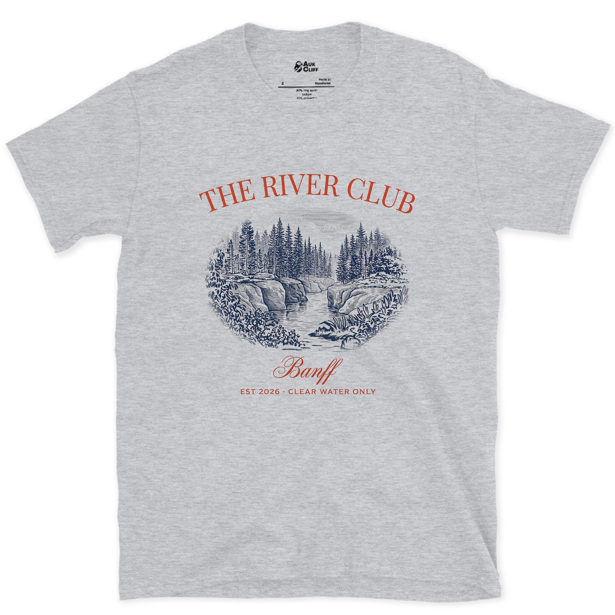 The River Club, Over a Waterfall design on a Sport Grey Gildan Softstyle t-shirt