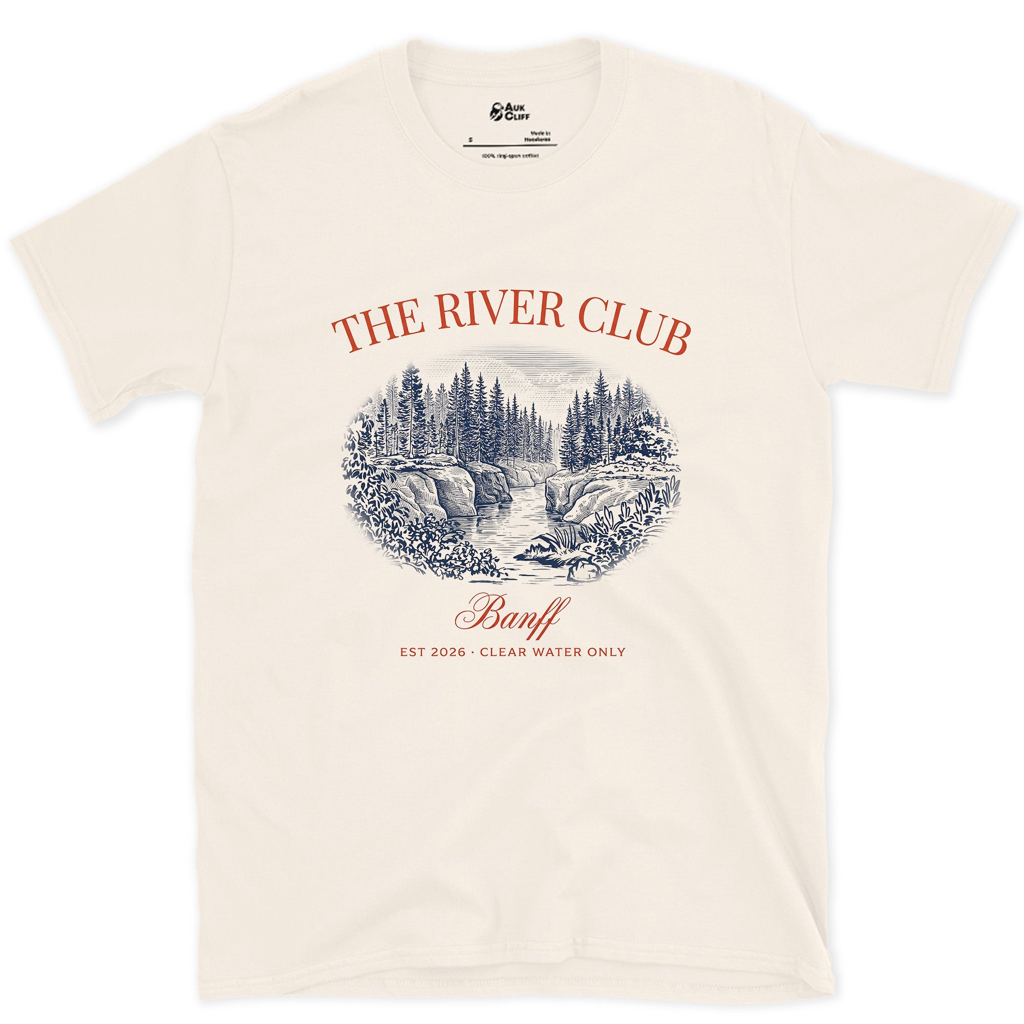 The River Club, Over a Waterfall design on a Natural Gildan Softstyle t-shirt