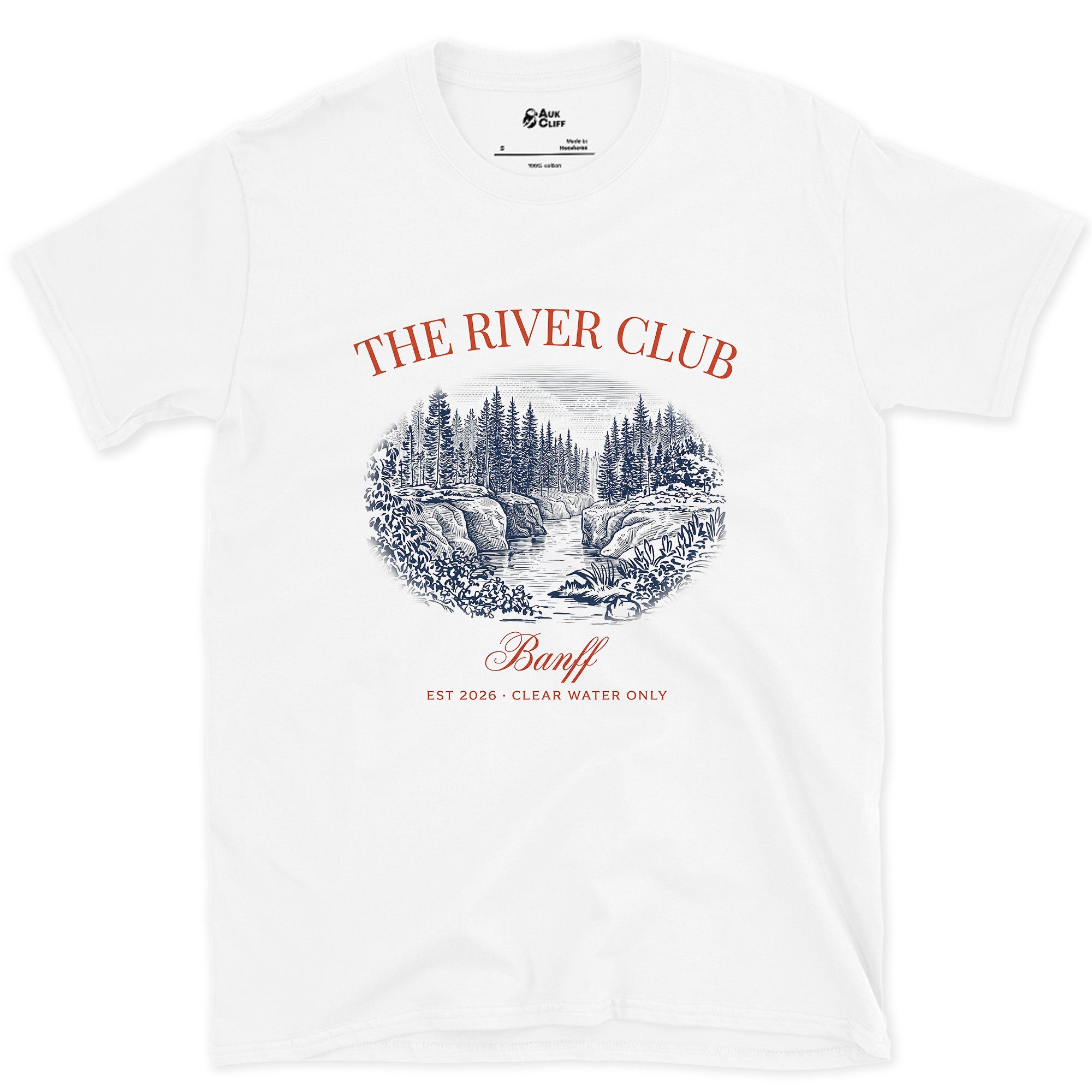 The River Club, Over a Waterfall design on a White Gildan Softstyle t-shirt