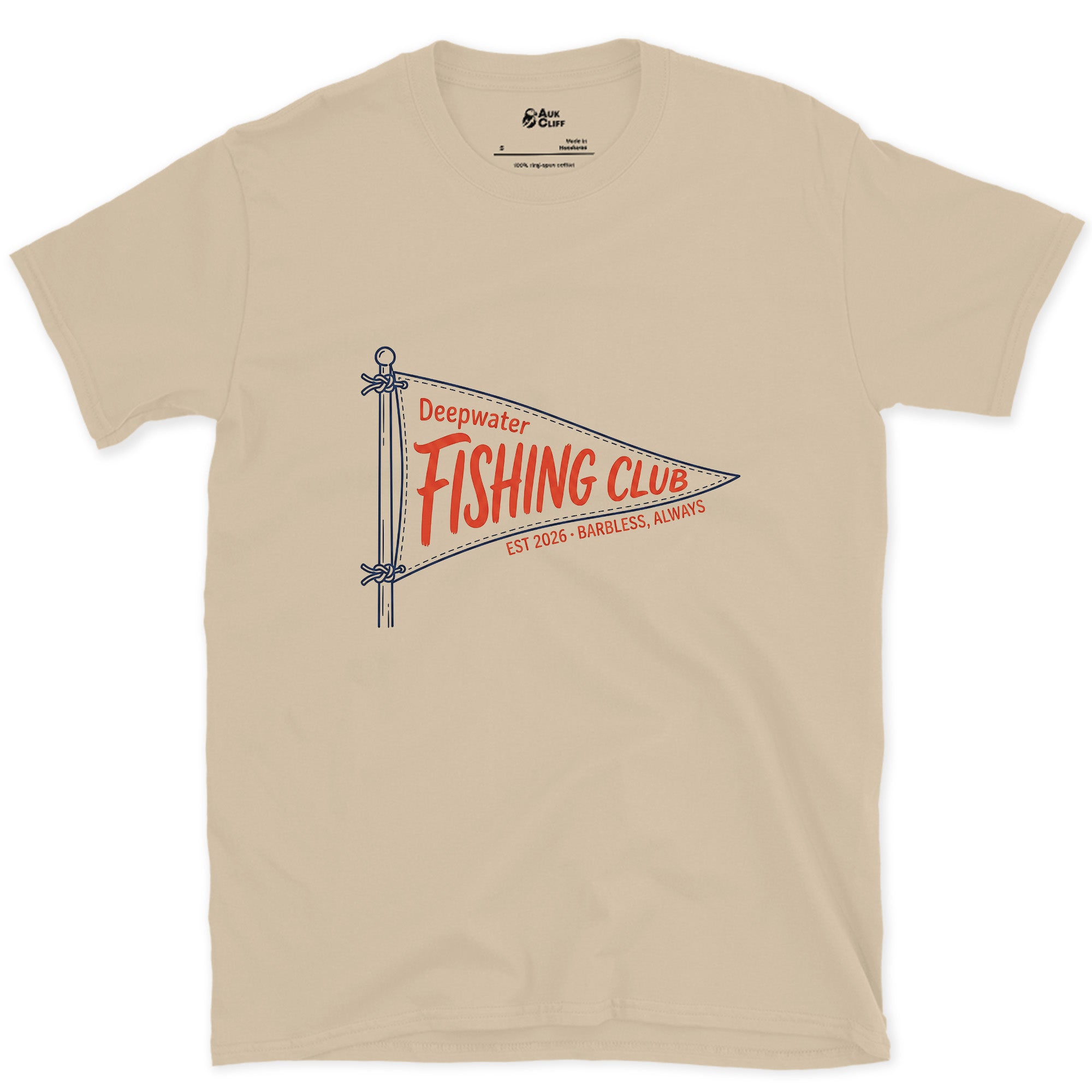 Barbless Always, Deepwater Fishing design on a Sand Gildan Softstyle t-shirt