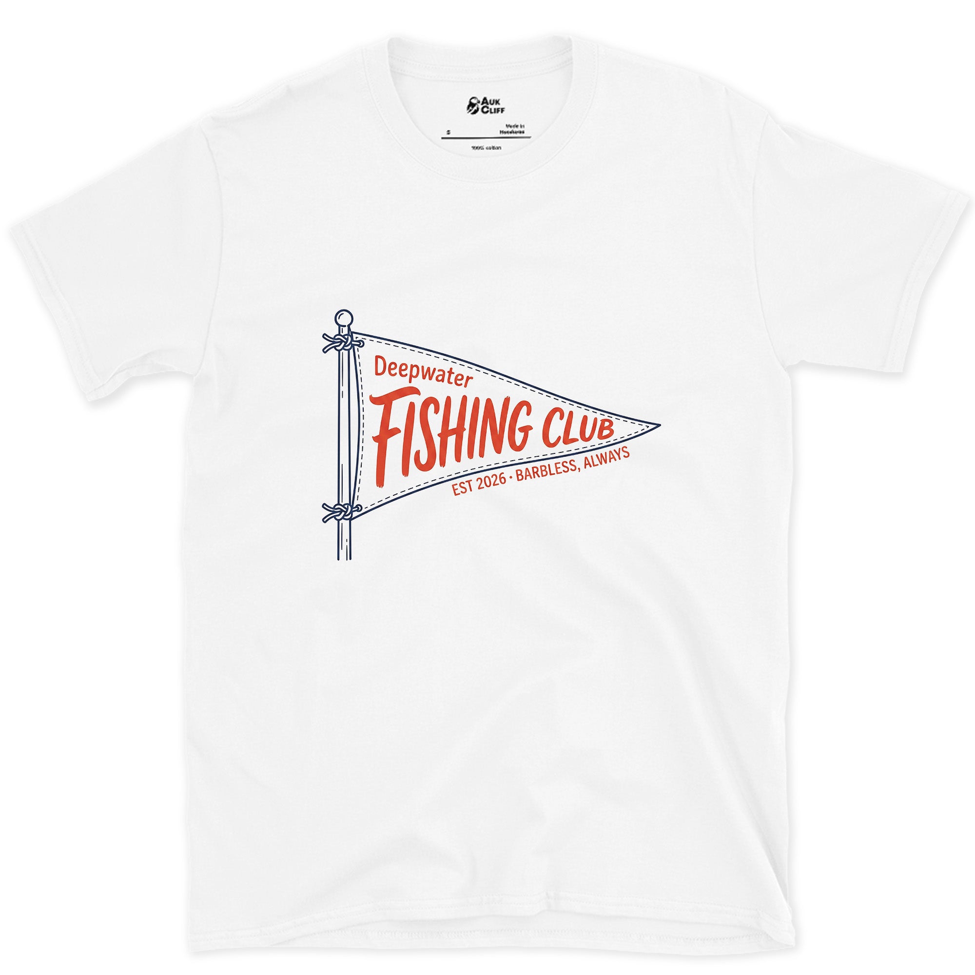 Barbless Always, Deepwater Fishing design on a White Gildan Softstyle t-shirt