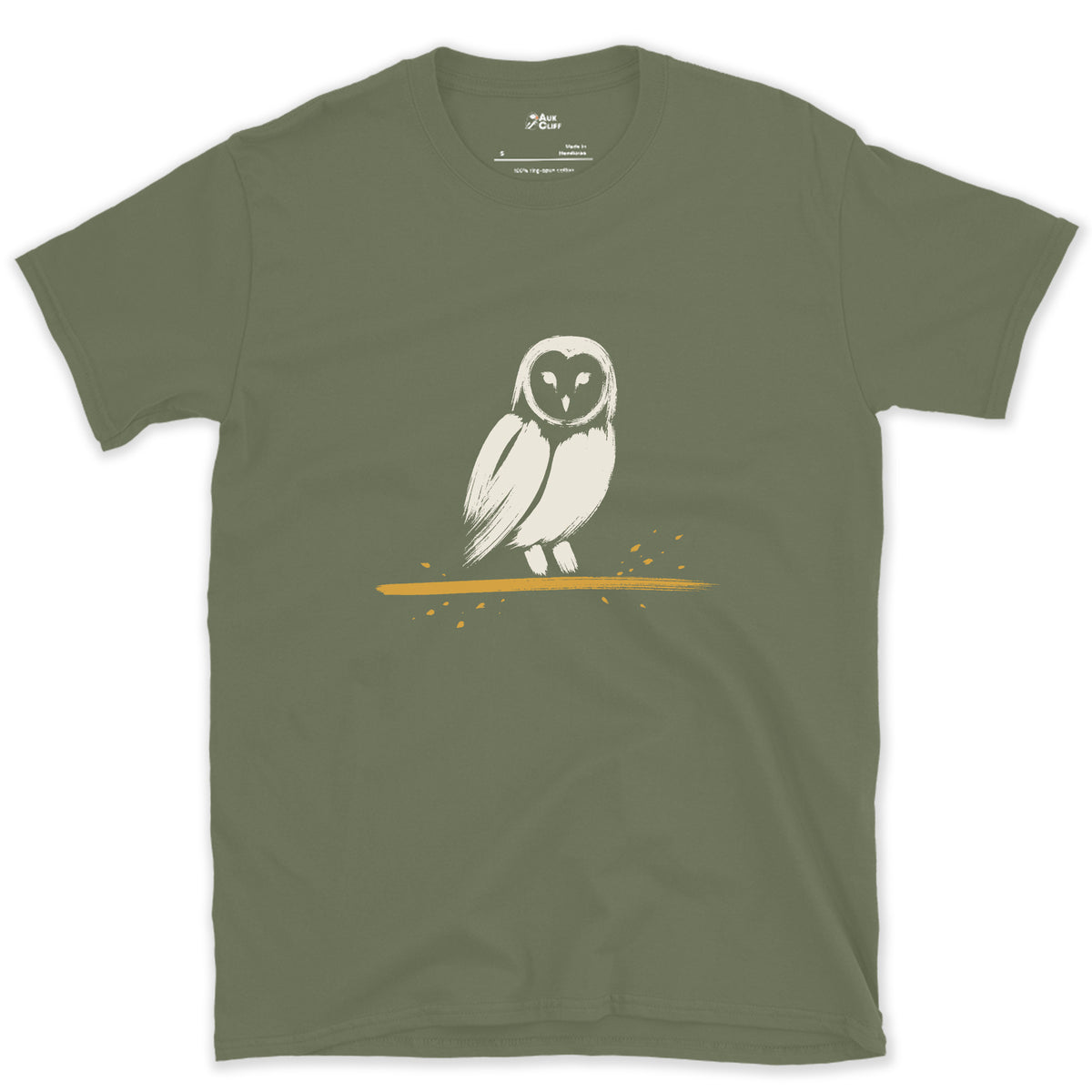 Barn Owl, Face Left Blank design on a Military Green Gildan Softstyle t-shirt