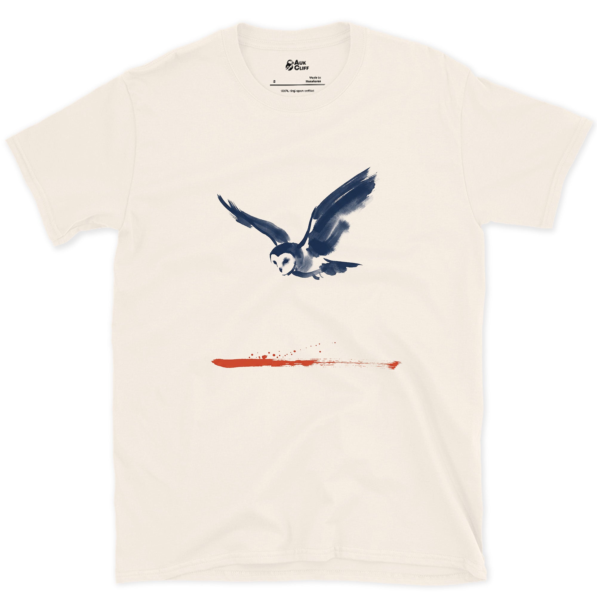 Owl in Flight Above a Red Horizon design on a Natural Gildan Softstyle t-shirt