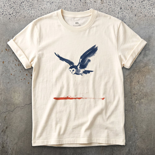 Owl in Flight Above a Red Horizon design on a Natural Gildan Softstyle t-shirt