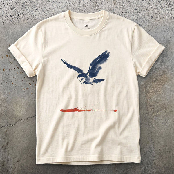 Owl in Flight Above a Red Horizon design on a Natural Gildan Softstyle t-shirt