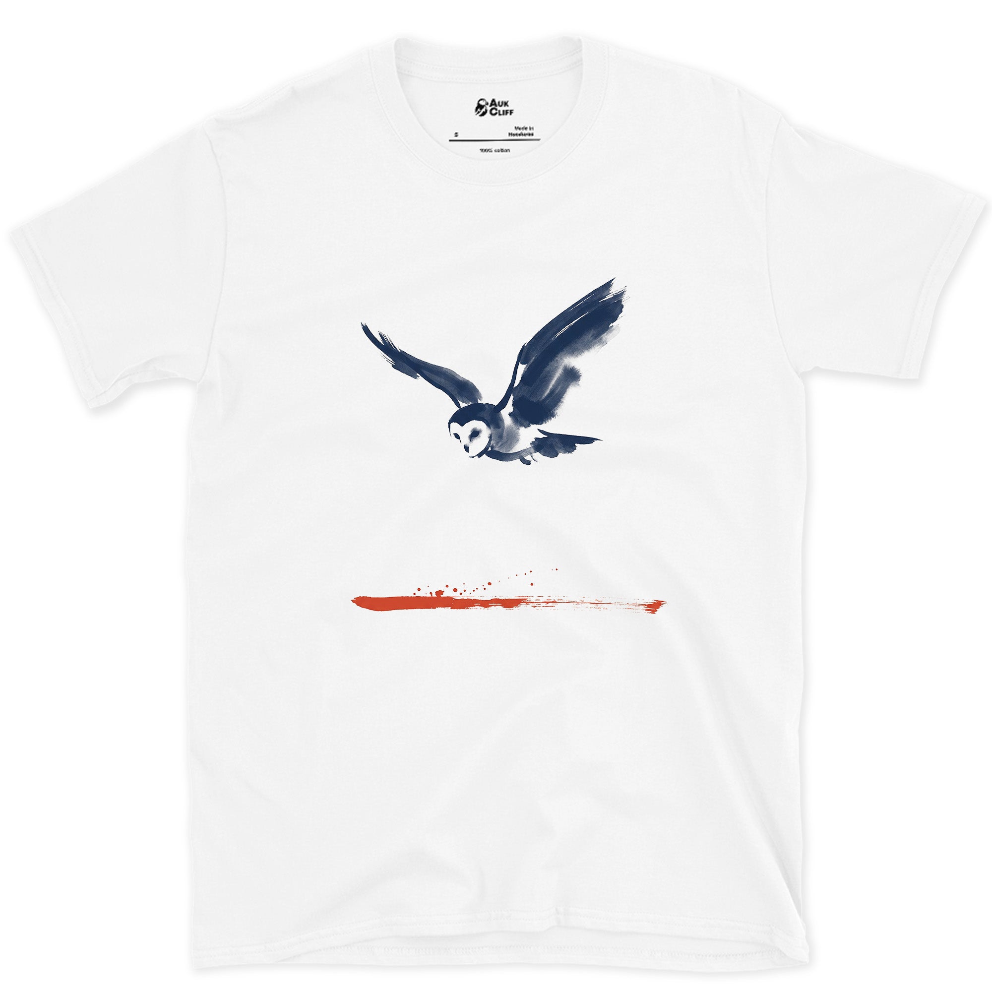 Owl in Flight Above a Red Horizon design on a White Gildan Softstyle t-shirt