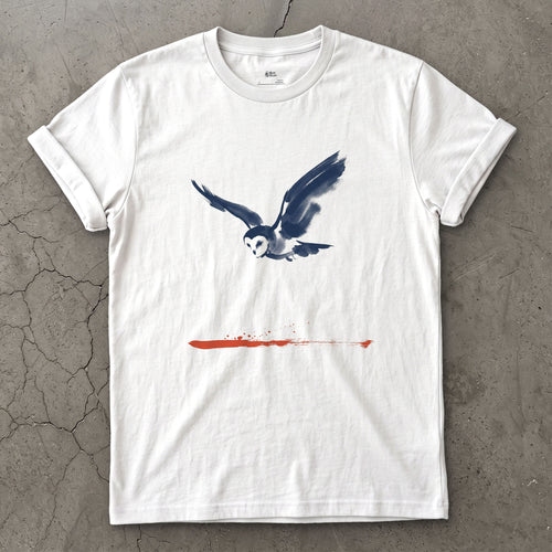 Owl in Flight Above a Red Horizon design on a White Gildan Softstyle t-shirt