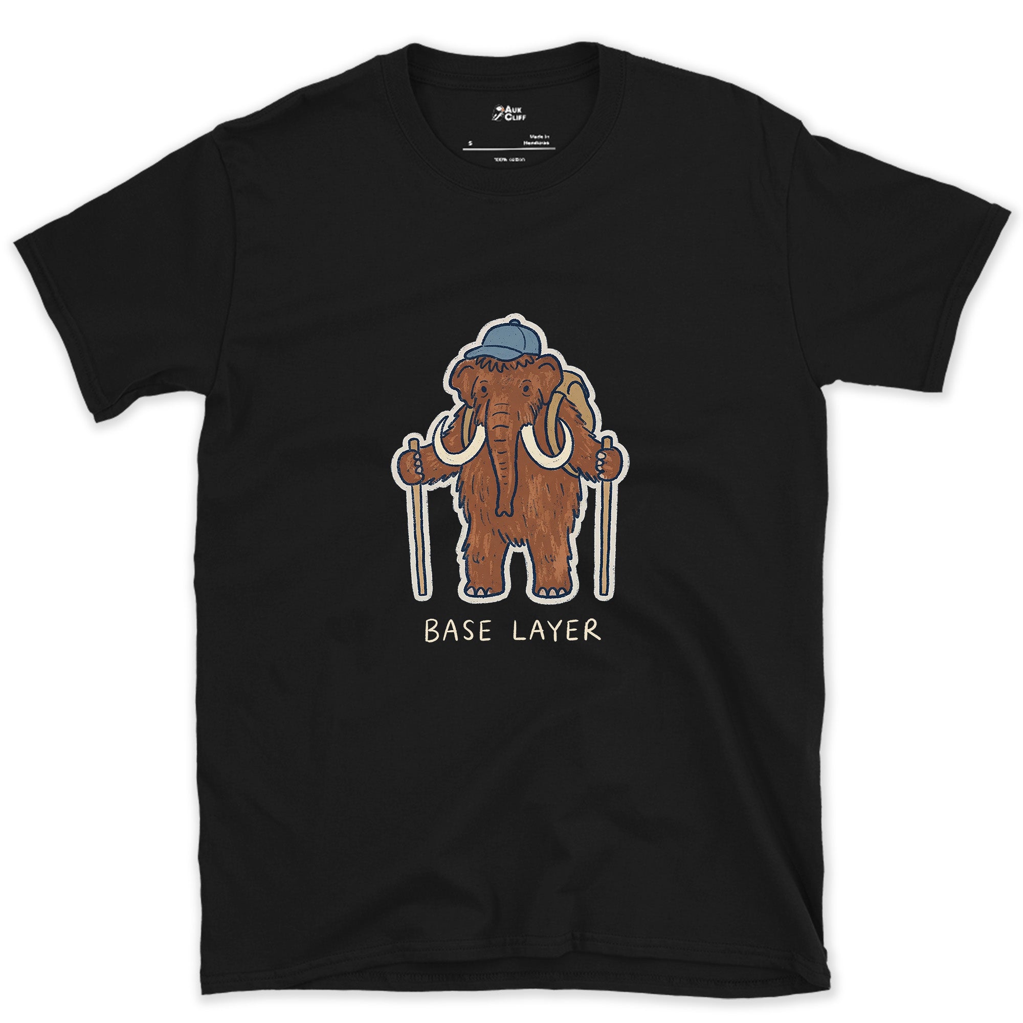 Base Layer, Woolly Mammoth Hiker design on a Black Gildan Softstyle t-shirt
