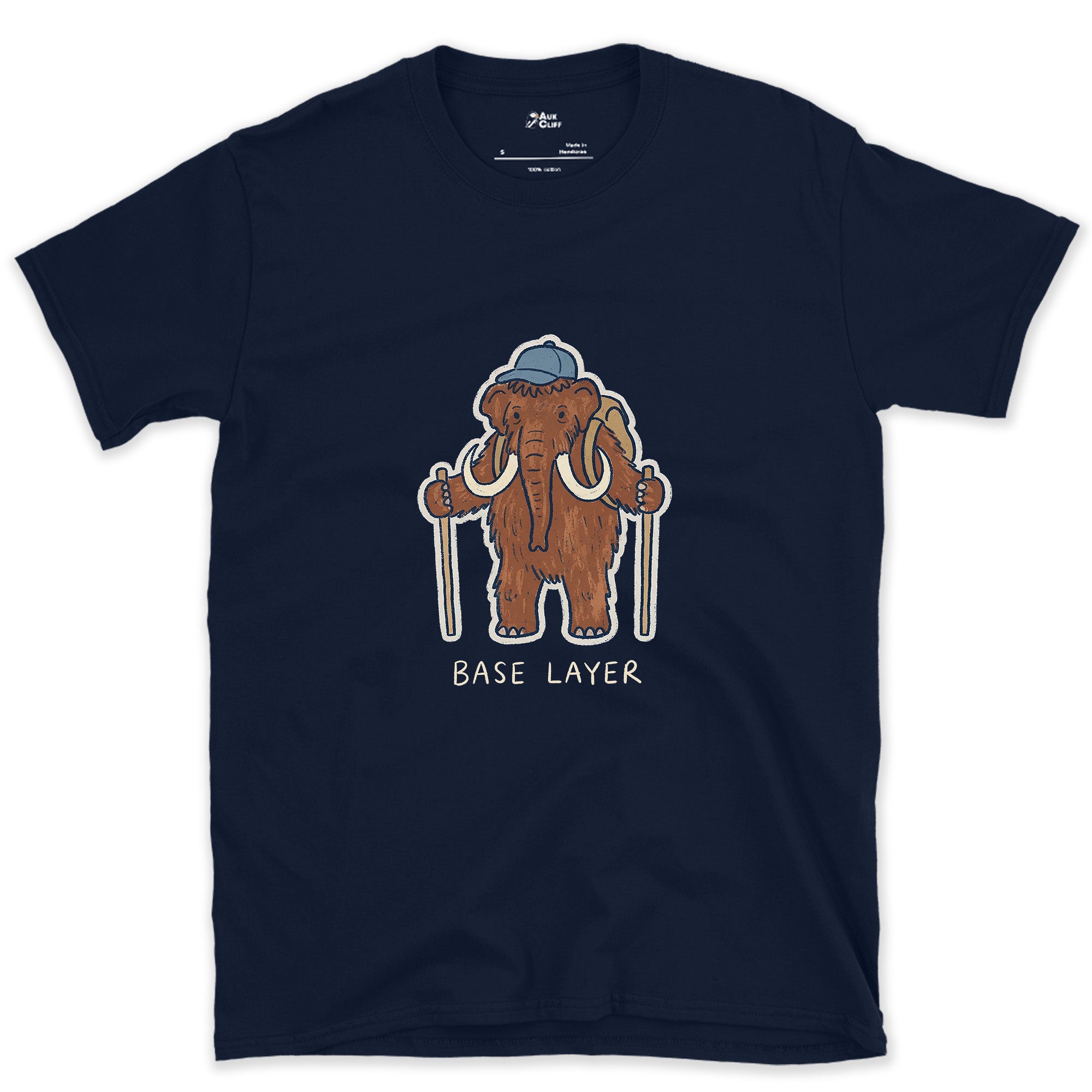 Base Layer, Woolly Mammoth Hiker design on a Navy Gildan Softstyle t-shirt