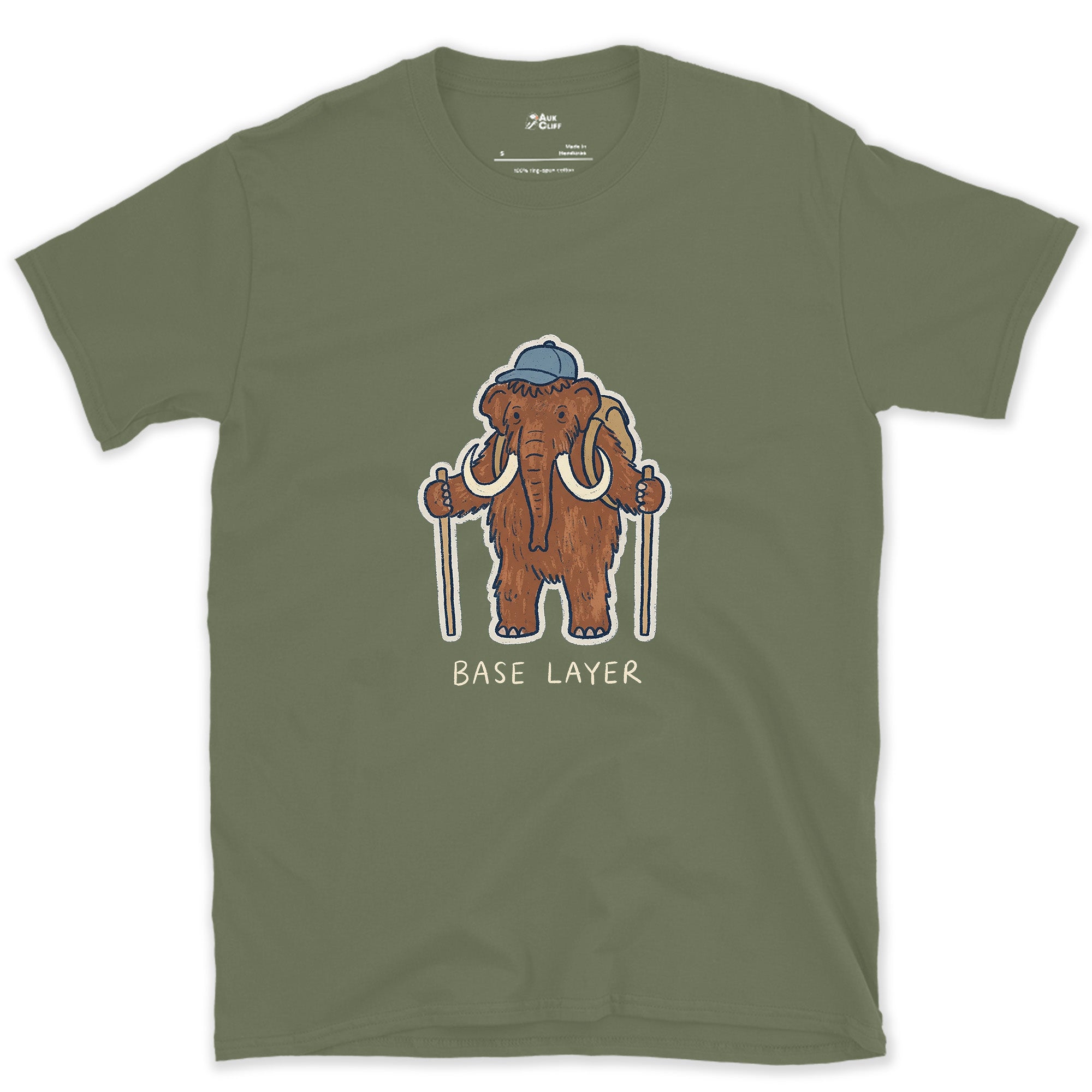 Base Layer, Woolly Mammoth Hiker design on a Military Green Gildan Softstyle t-shirt