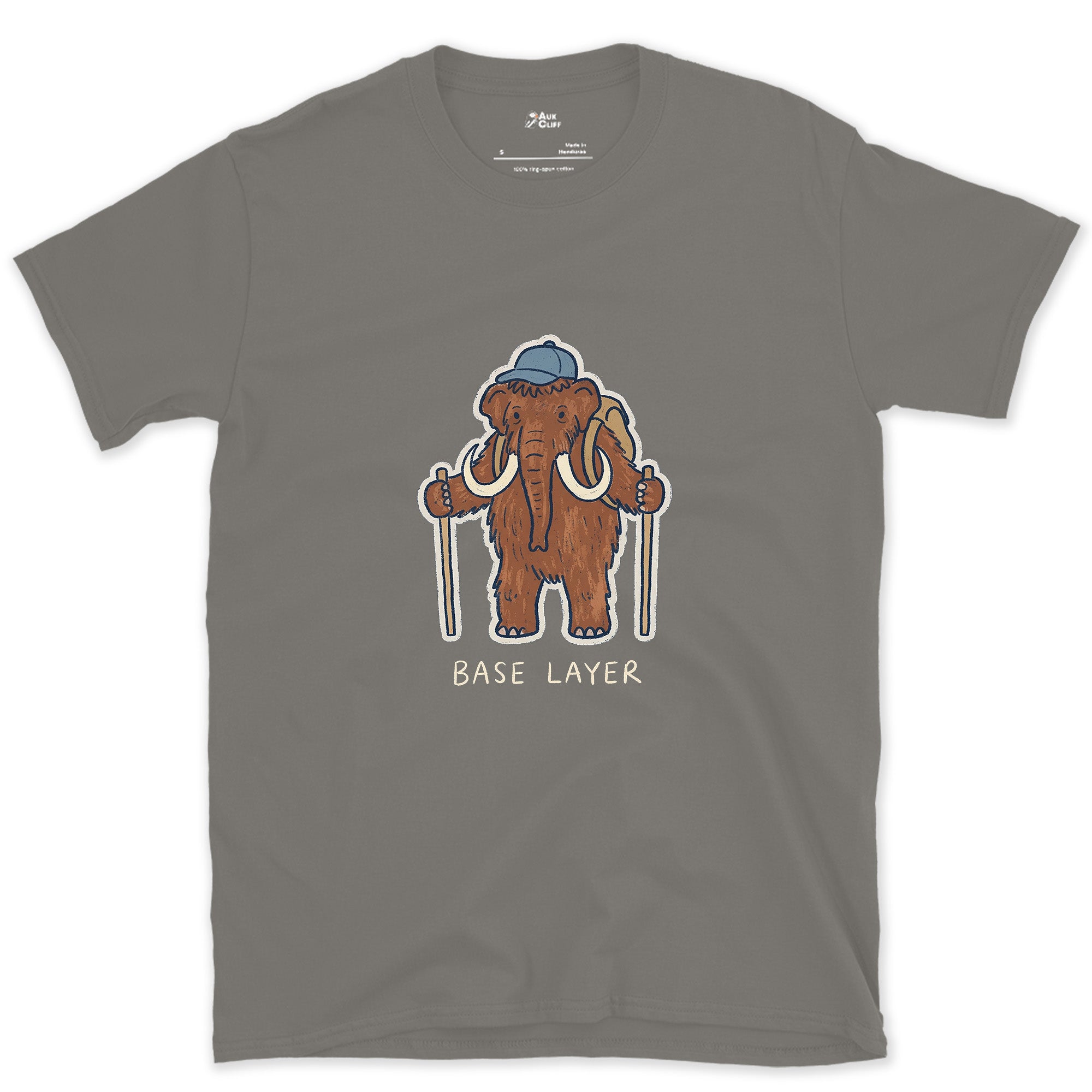 Base Layer, Woolly Mammoth Hiker design on a Charcoal Gildan Softstyle t-shirt