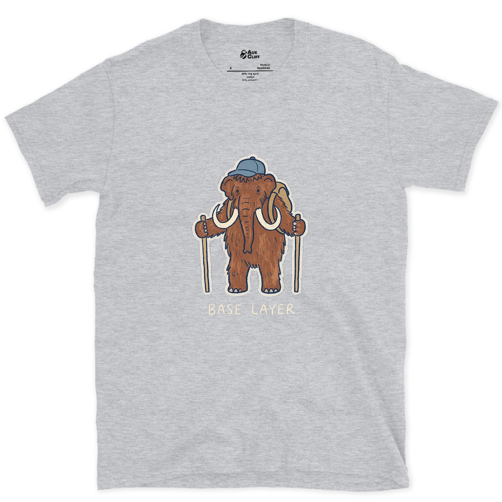 Base Layer, Woolly Mammoth Hiker design on a Sport Grey Gildan Softstyle t-shirt
