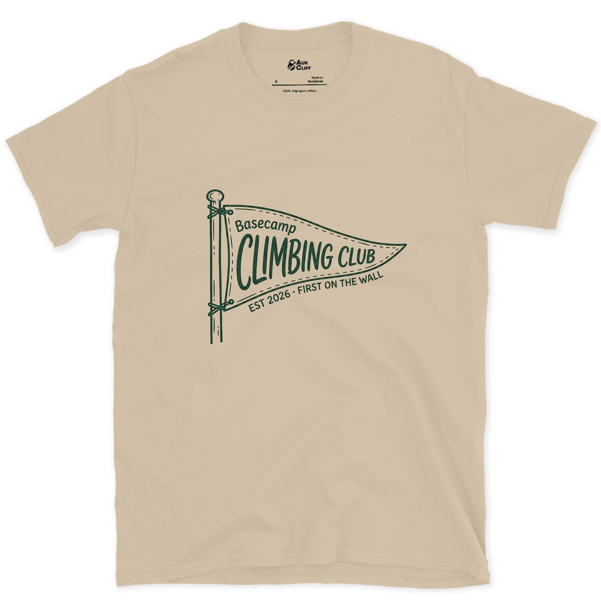 First Up on the Wall, Basecamp Climbing Club design on a Sand Gildan Softstyle t-shirt