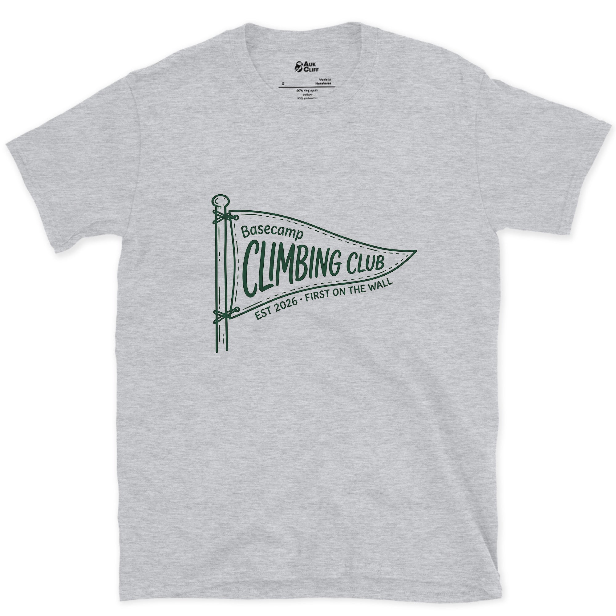 First Up on the Wall, Basecamp Climbing Club design on a Sport Grey Gildan Softstyle t-shirt