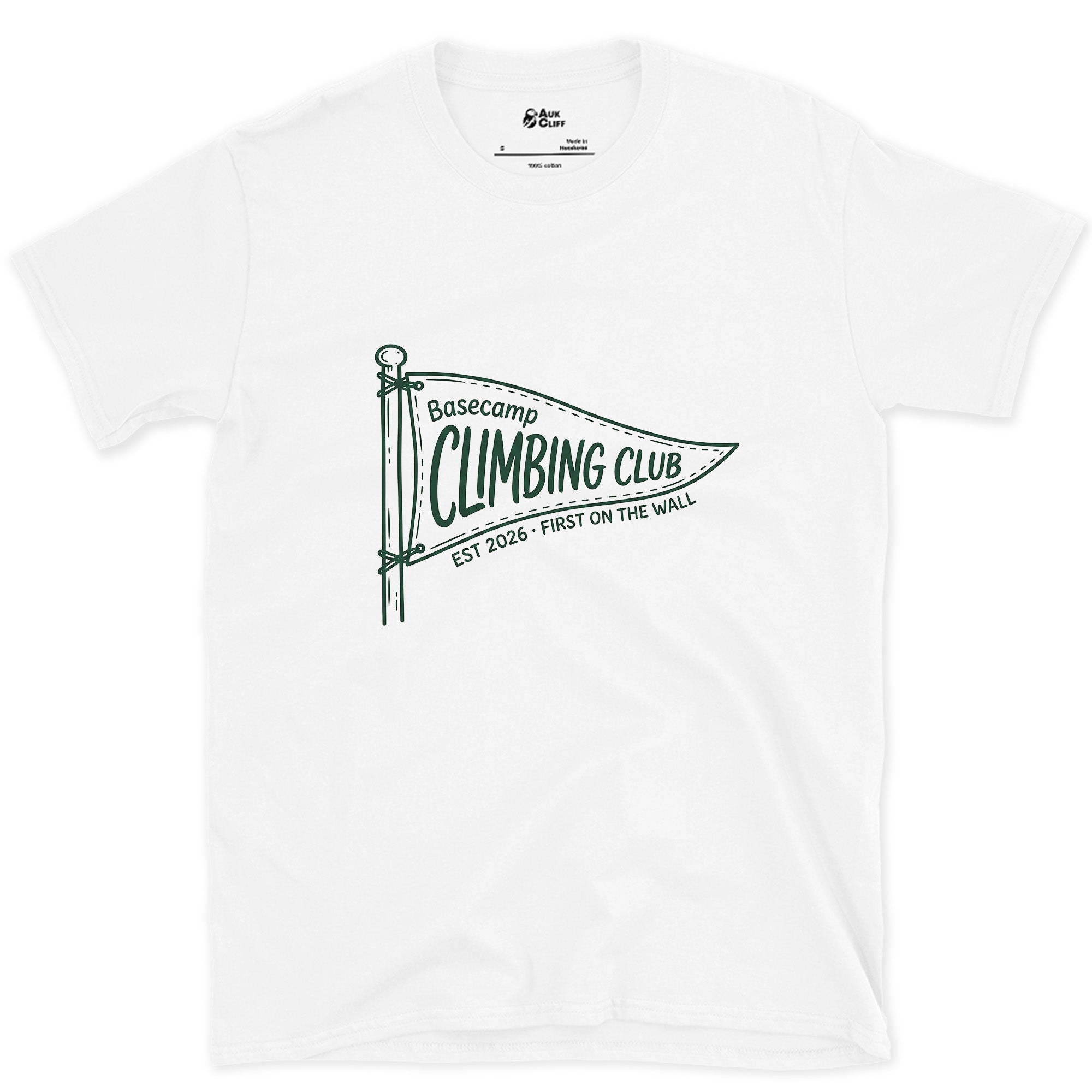 First Up on the Wall, Basecamp Climbing Club design on a White Gildan Softstyle t-shirt