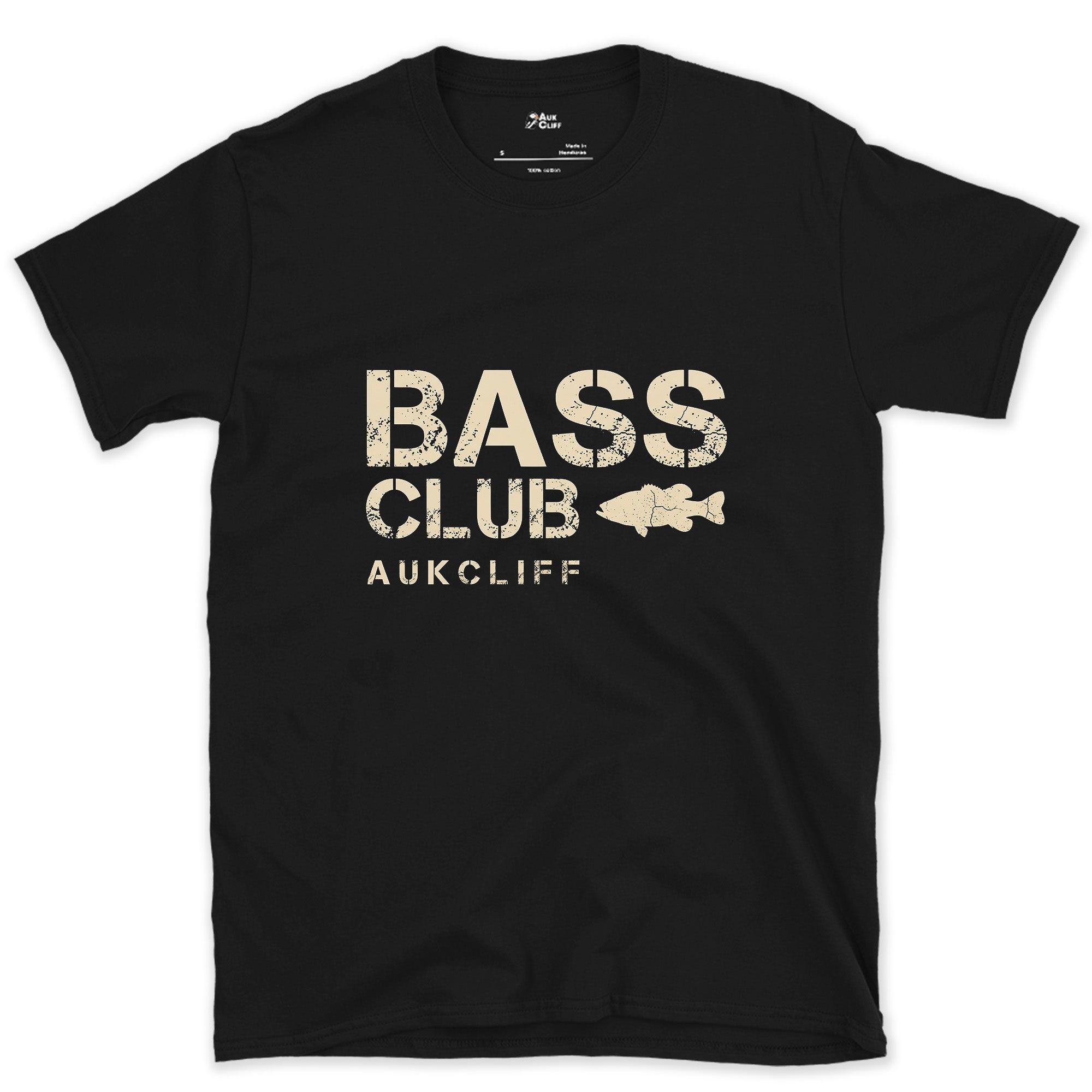 The Bass Club Badge With a Bass design on a Black Gildan Softstyle t-shirt